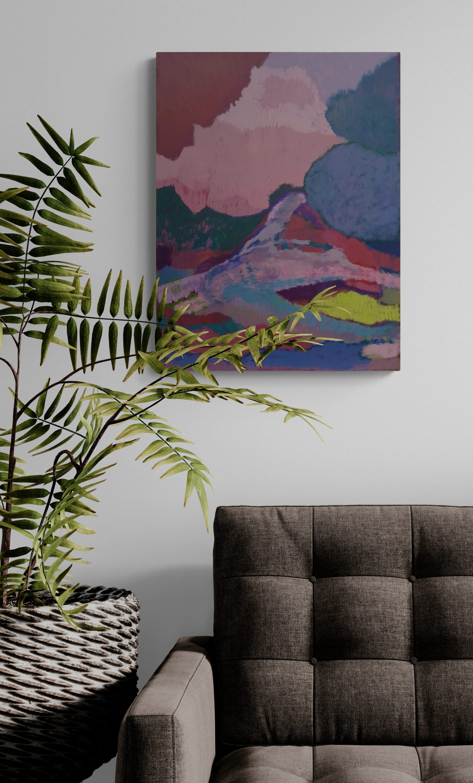 Tufted Sofa Next To Potted Plant