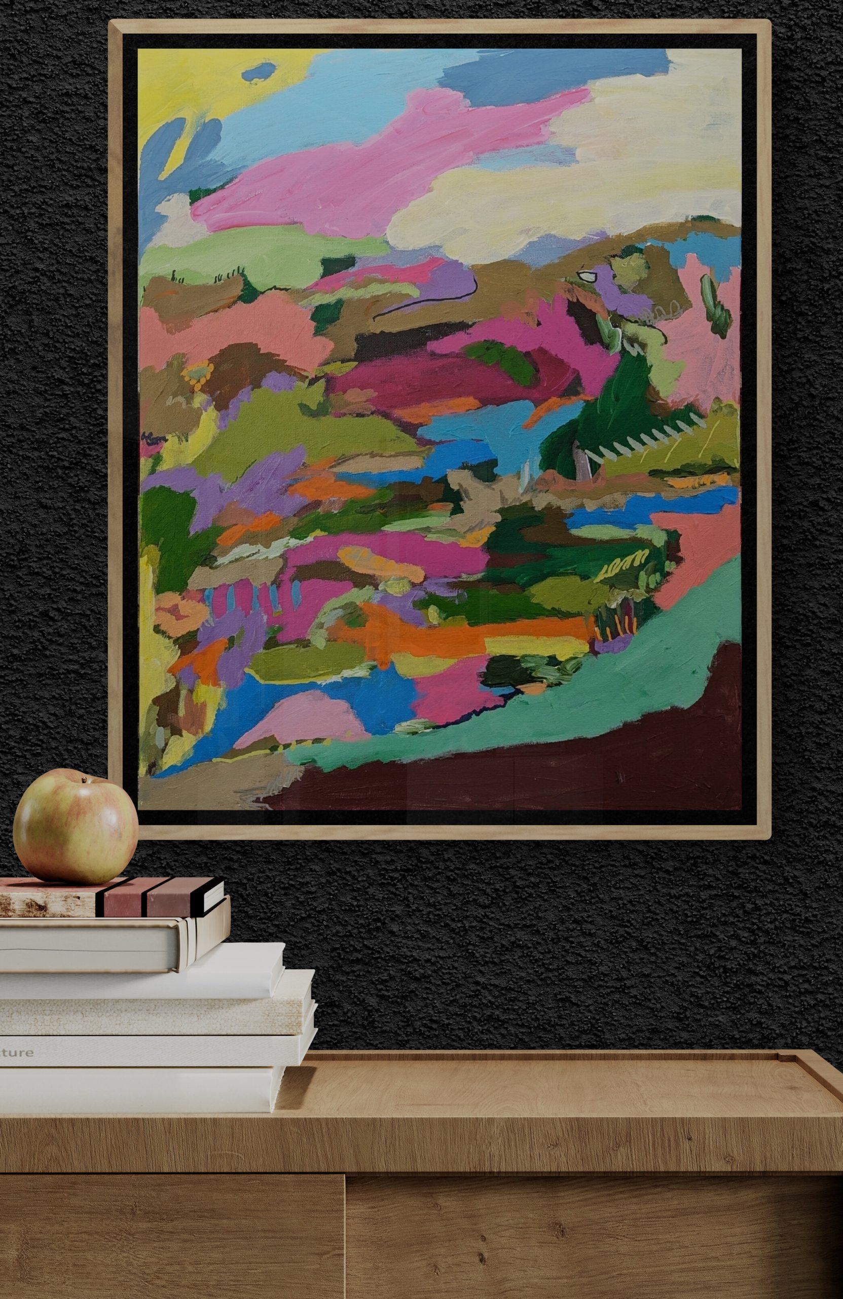 Wooden Cabinet With Books And Pinecones