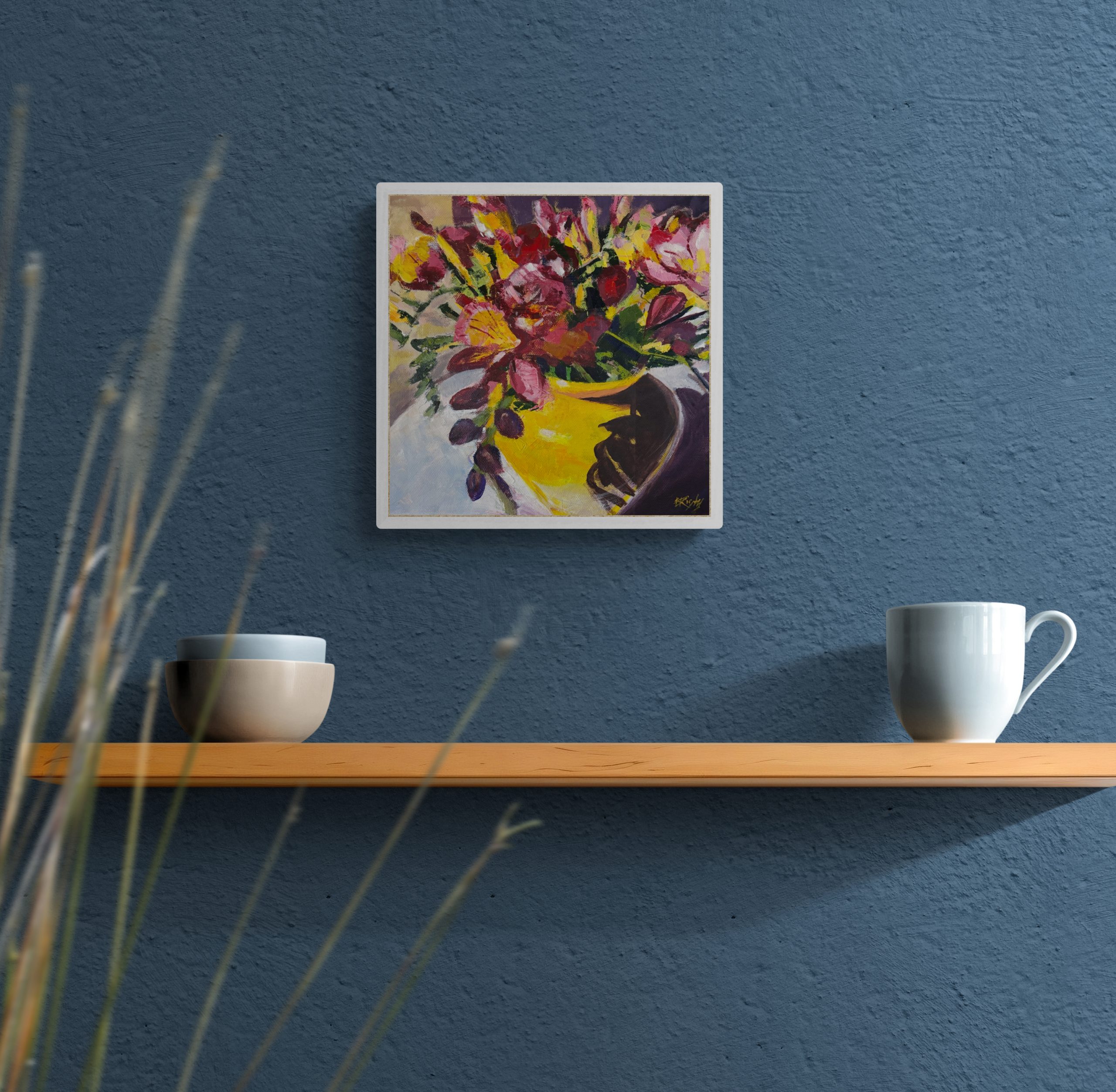 Mug And Bowls Sitting On Wooden Shelf