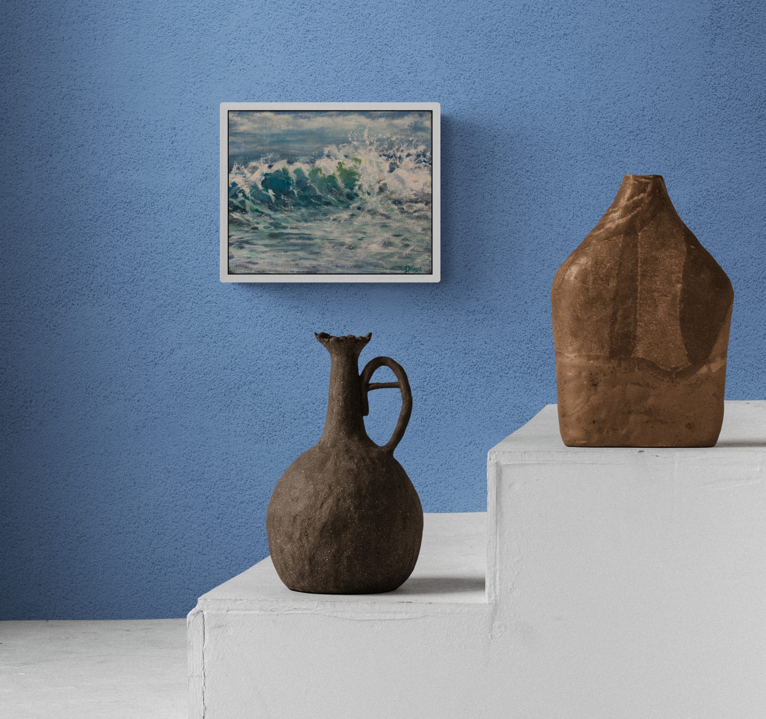 Clay Pottery Sitting On Concrete Steps