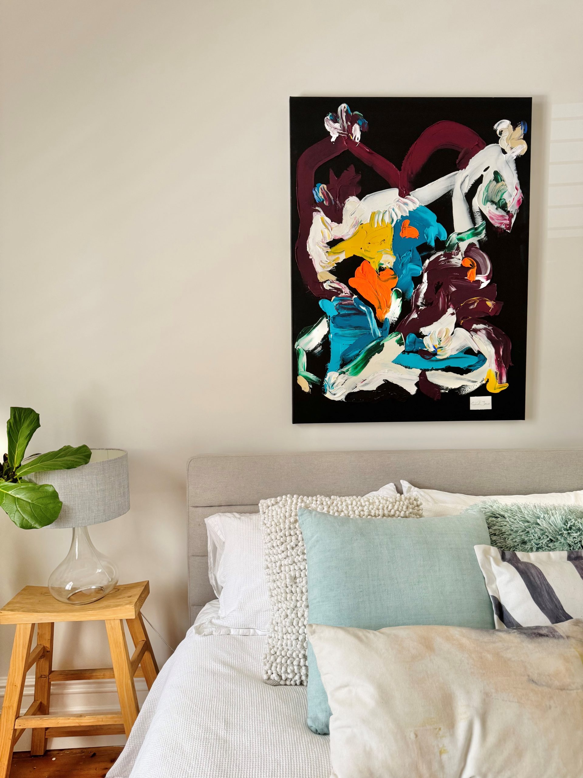 Abstract Black Canvas Painting Primary Colours Titled My Way I Hanging On Bedroom Wall