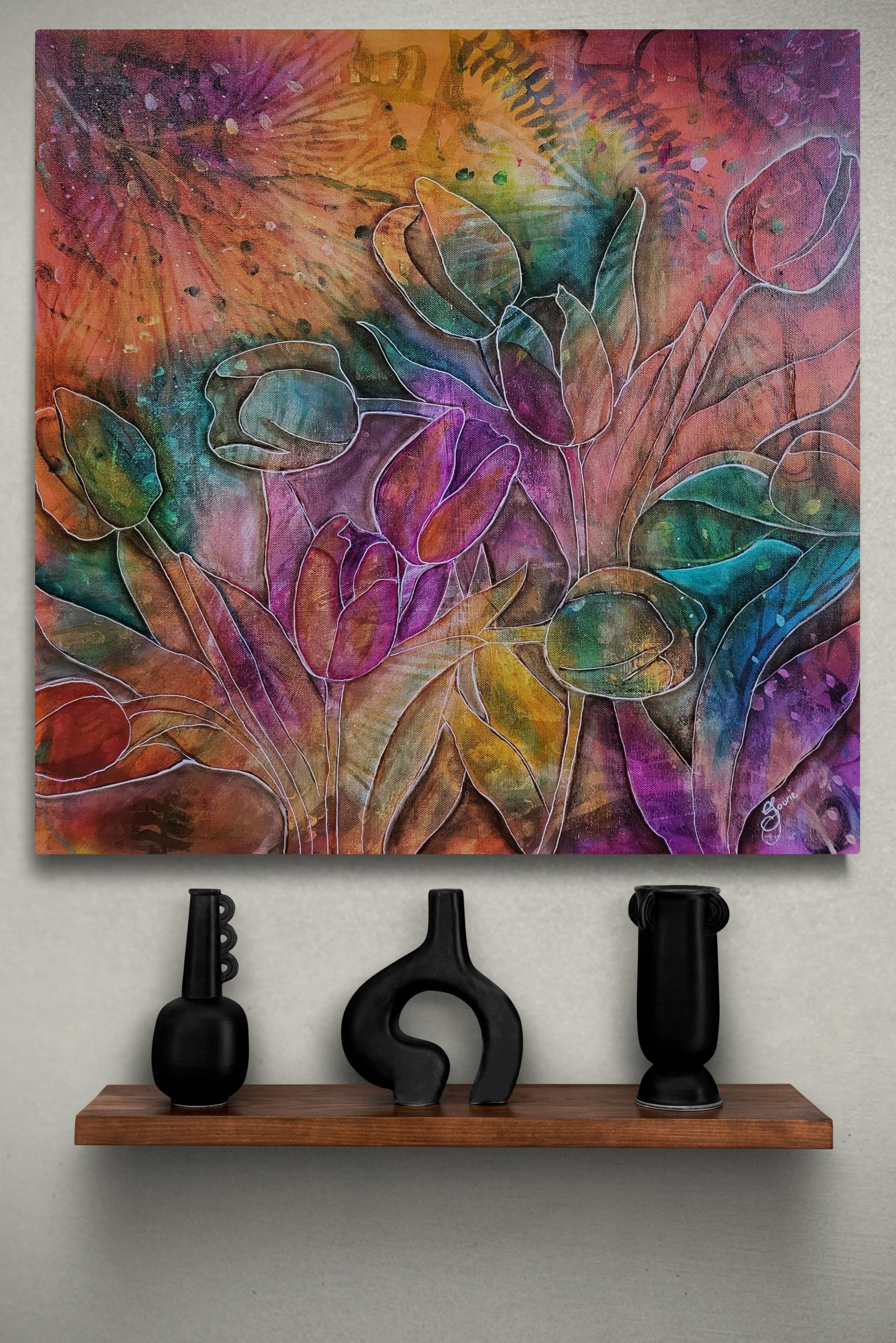 Wooden Shelf With Contemporary Black Vases Resized 1