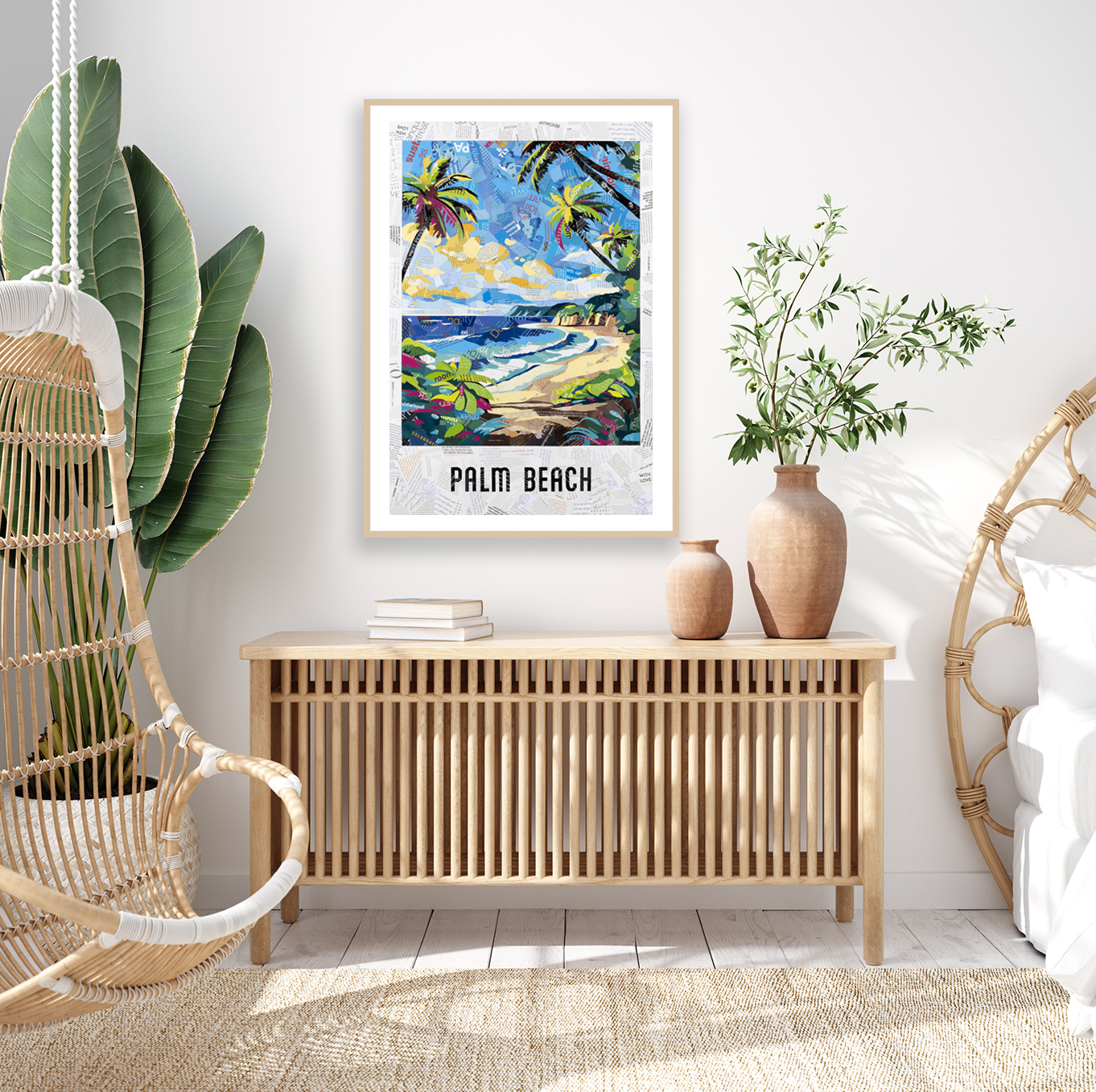Mockup Frame In Bedroom Interior Background, Coastal Boho Style