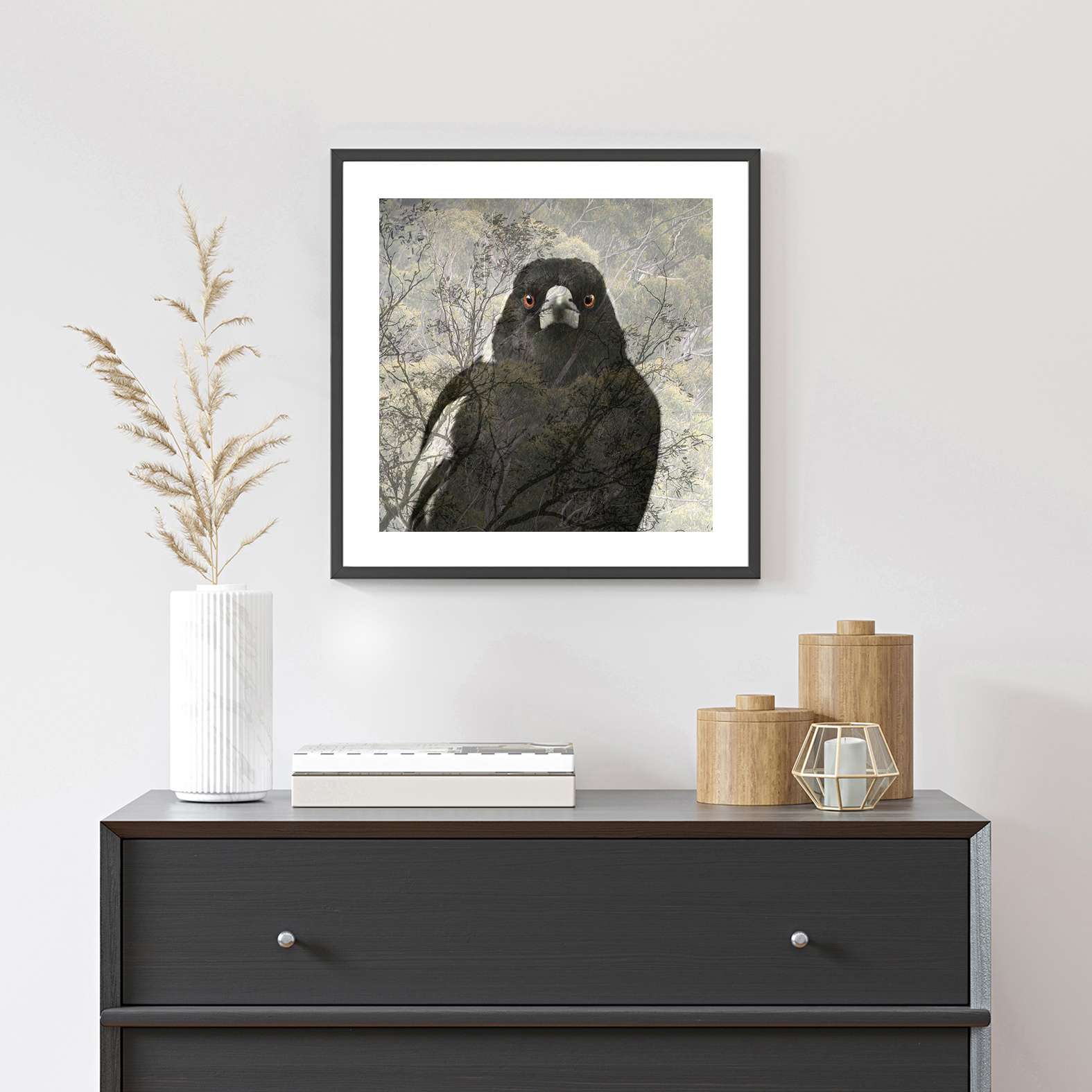 Empty,square,frame,on,white,wall,with,black,dresser,,white