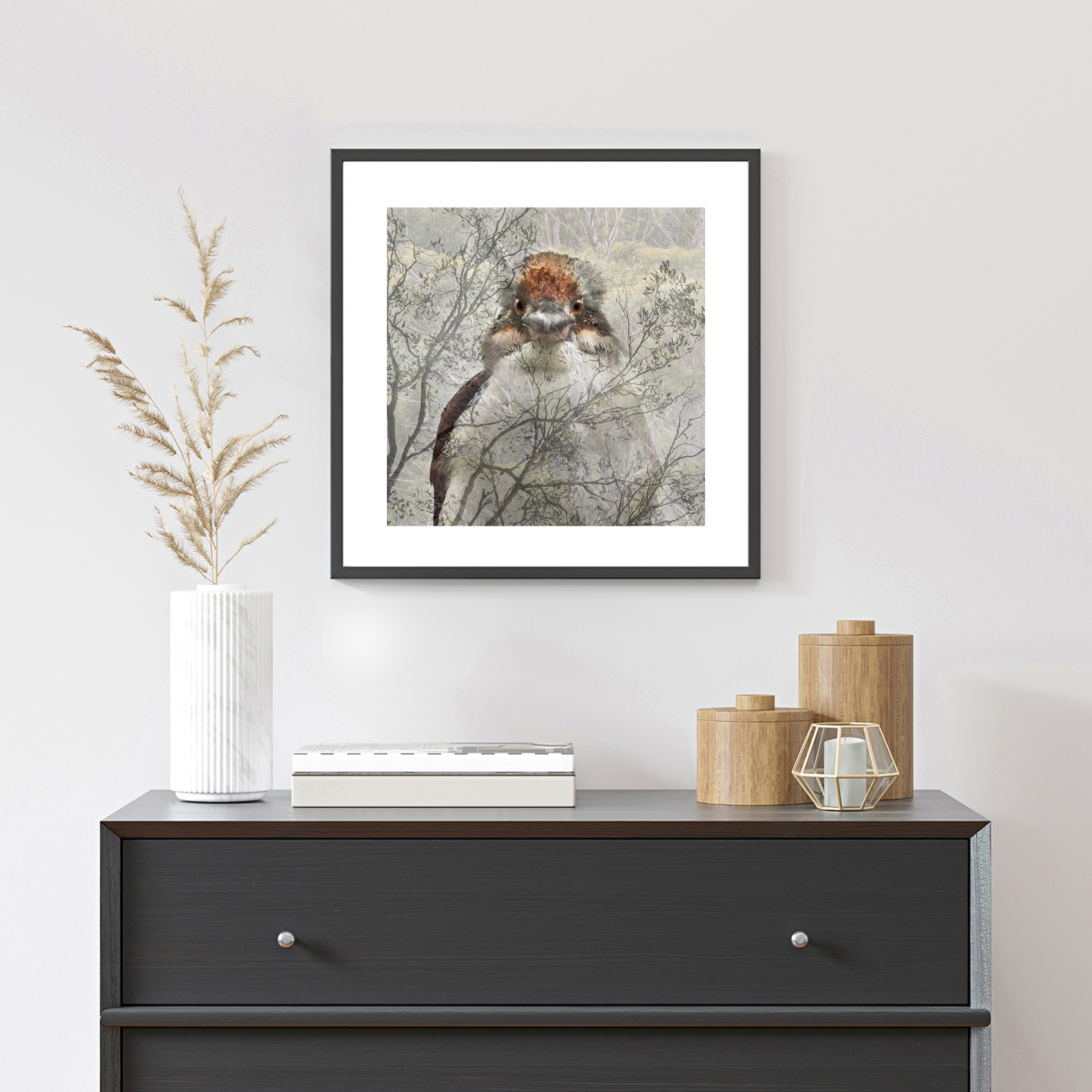 Empty,square,frame,on,white,wall,with,black,dresser,,white