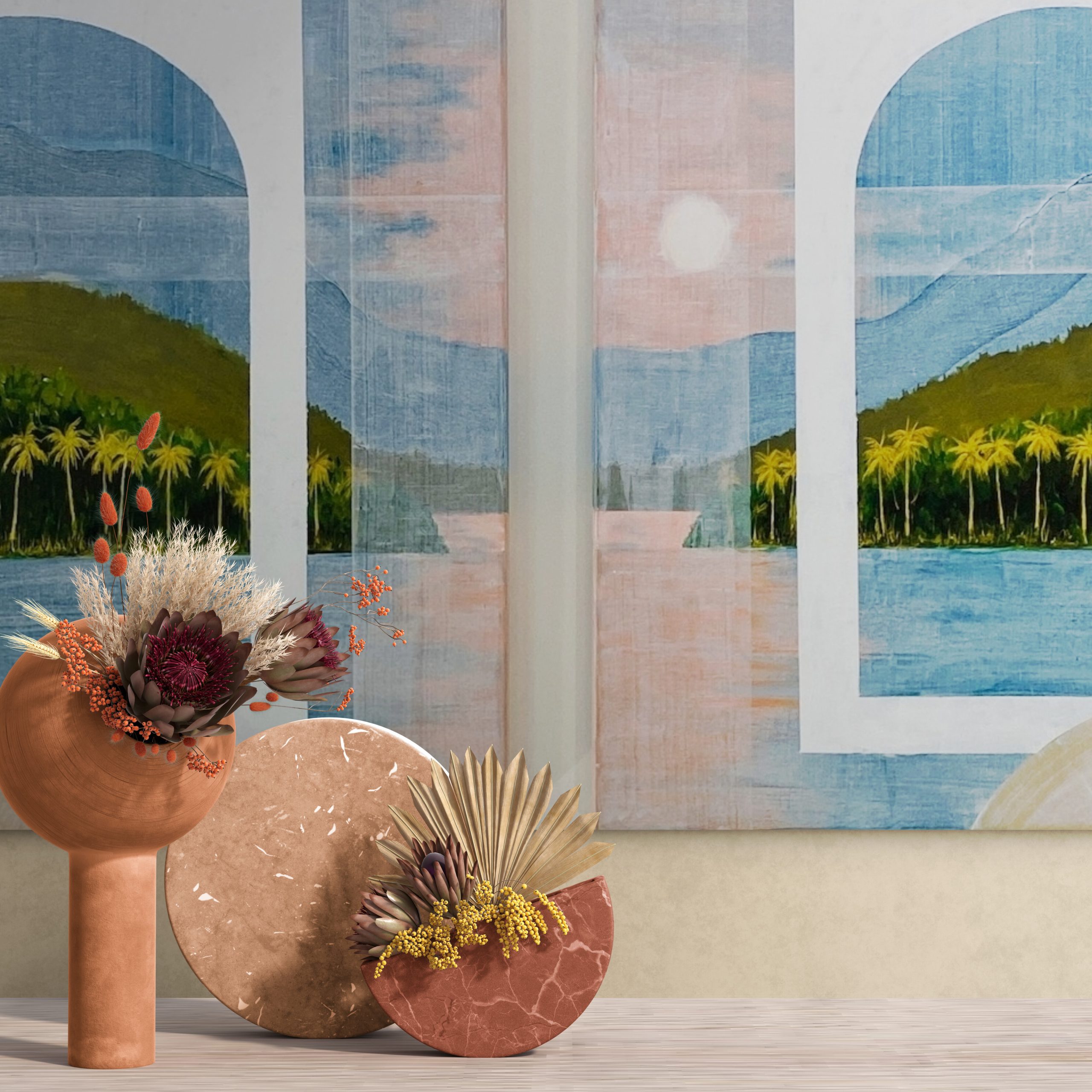 Dried Flowers In Stone Vases