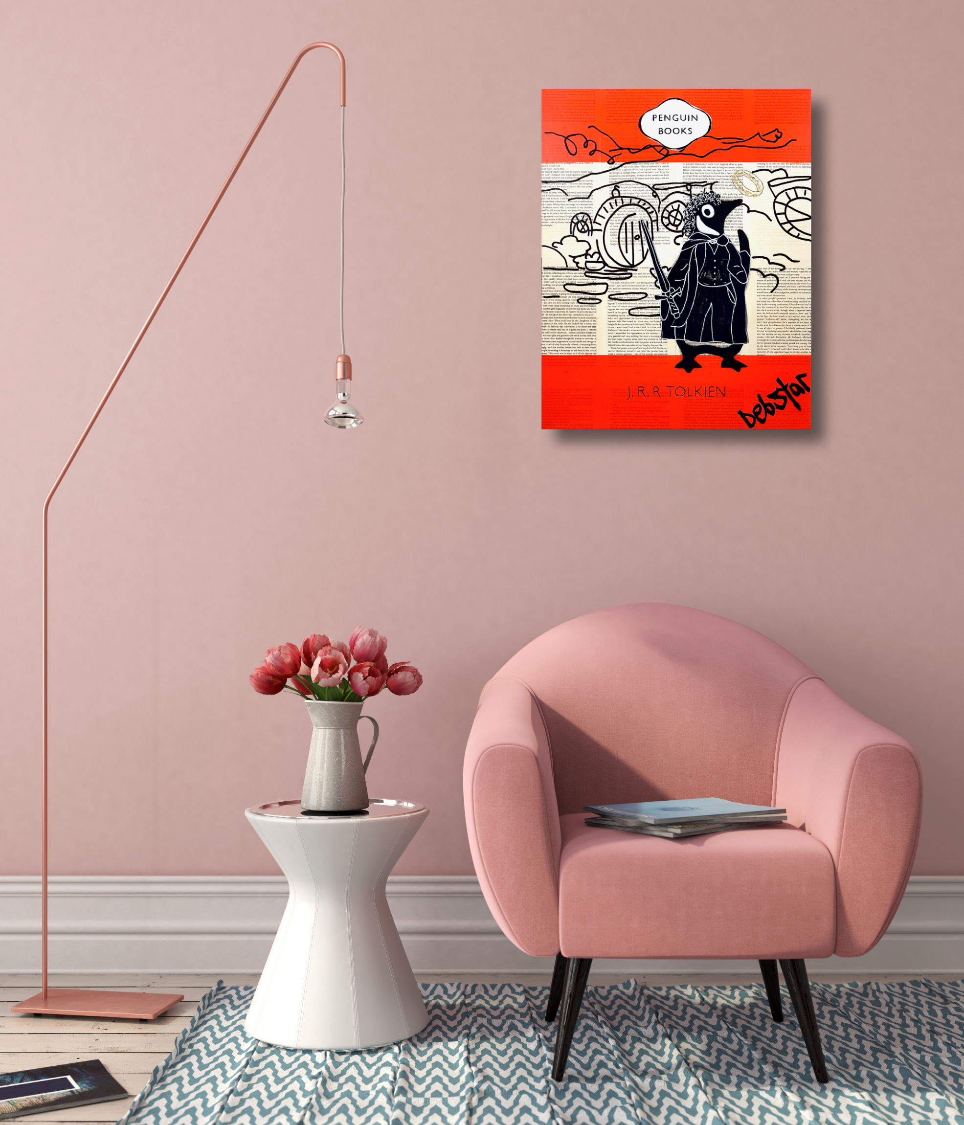 Interior With Pink Chair And Stylish Floor Lamp