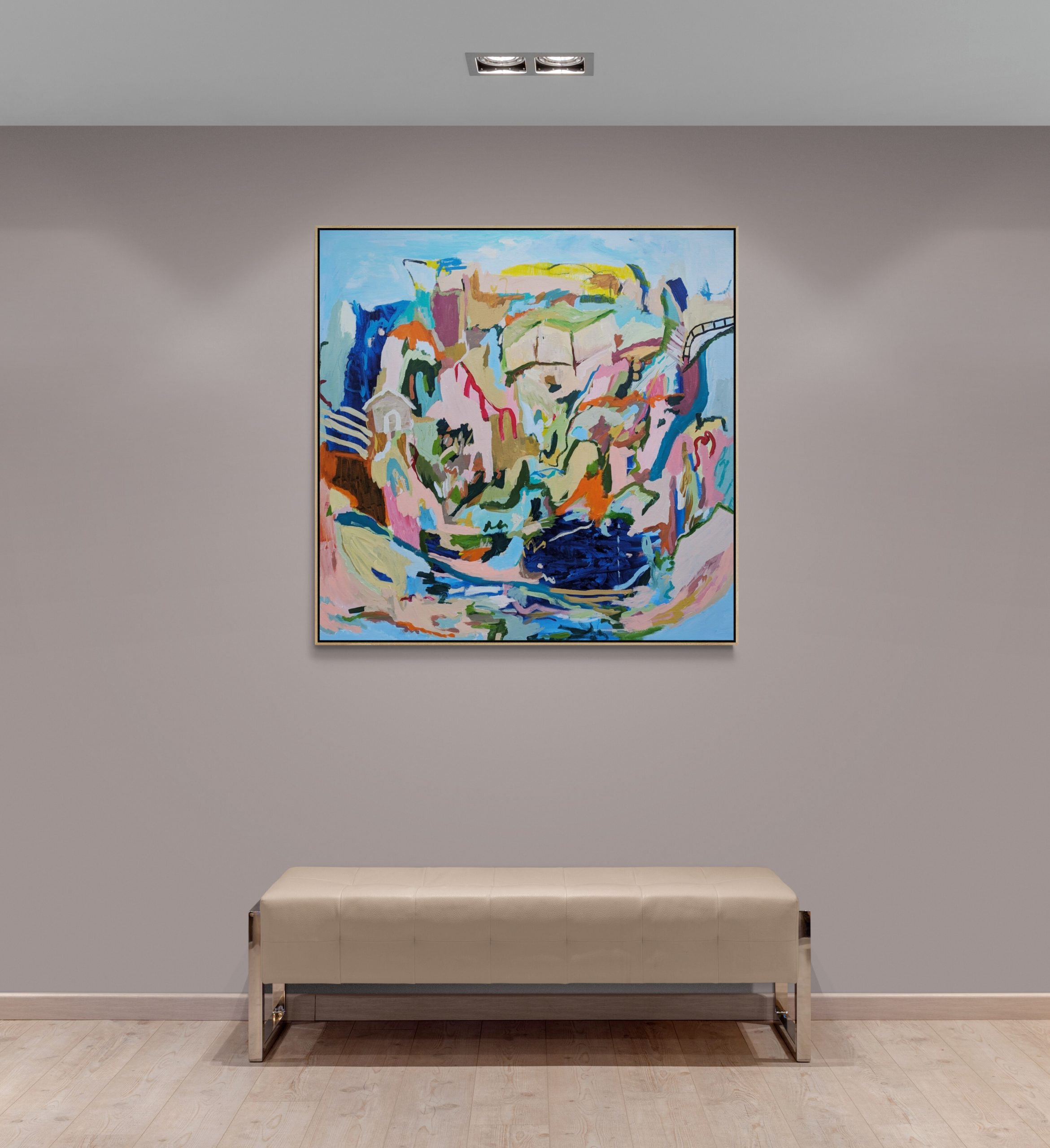 Leather Bench Seat In Spotlit Hallway