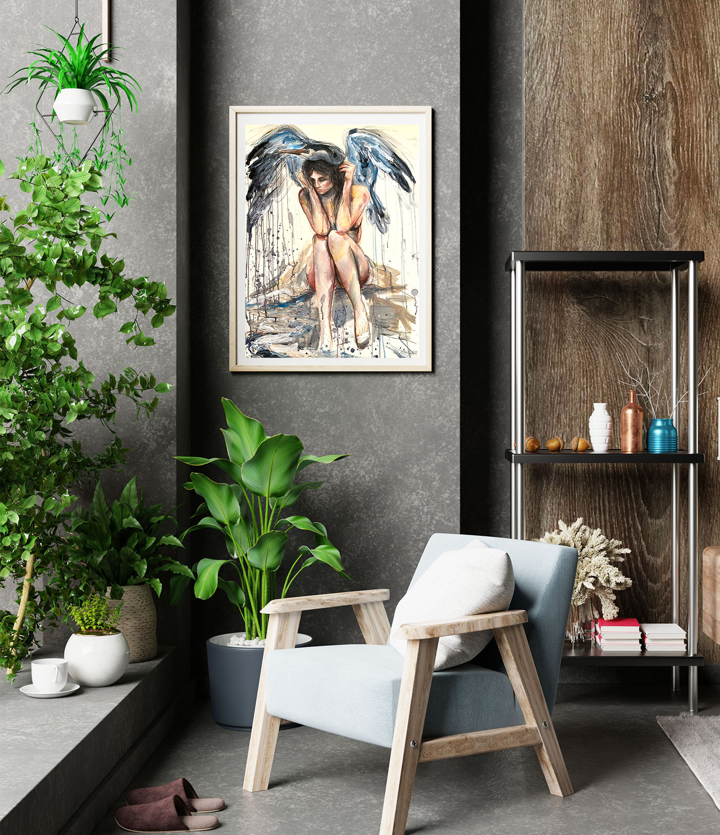 Poster Mockup With Vertical Frames On Empty Dark Wall In Living