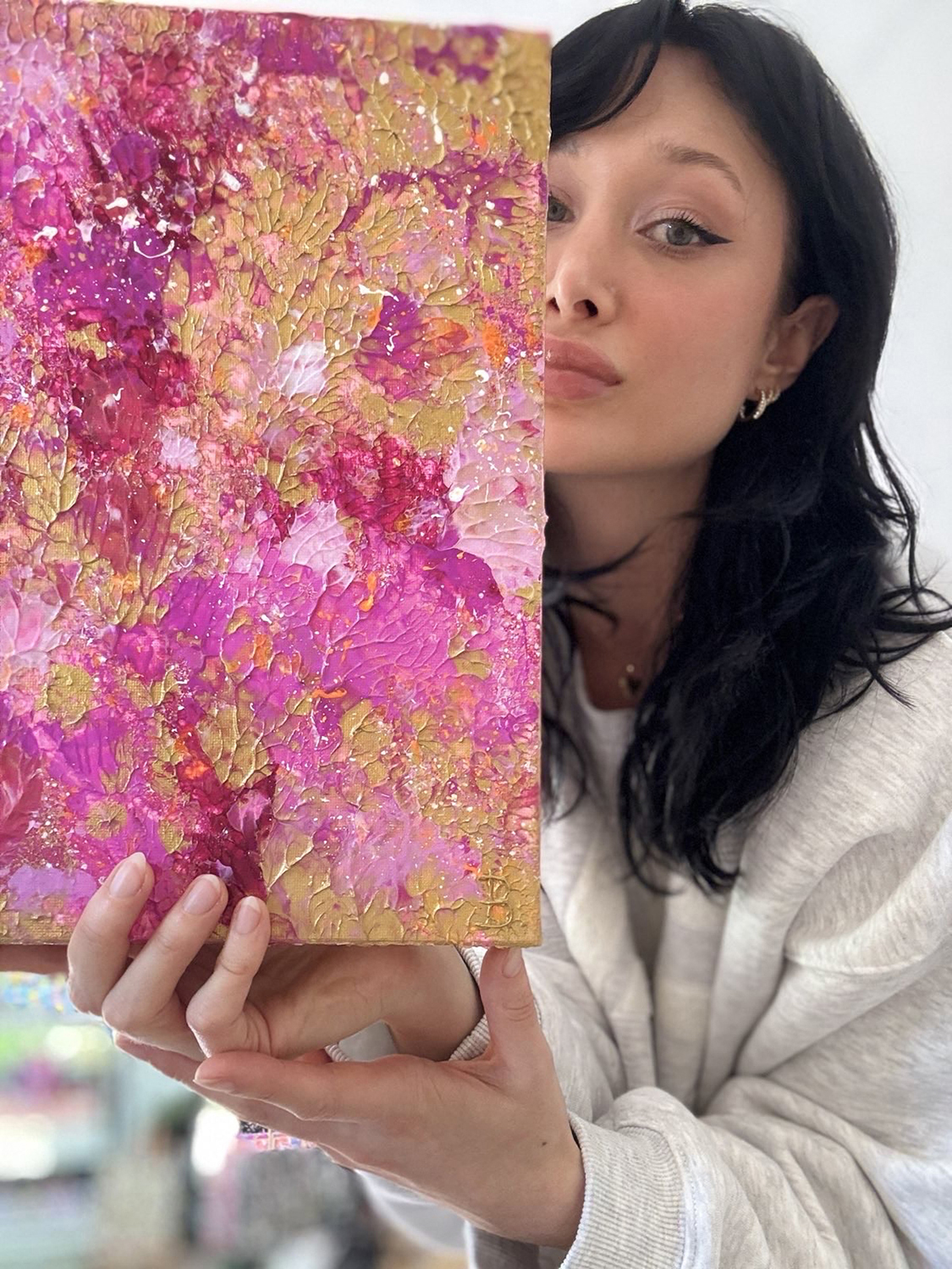 Bridget Bradley Holds Her Original Abstract Golden Hour I