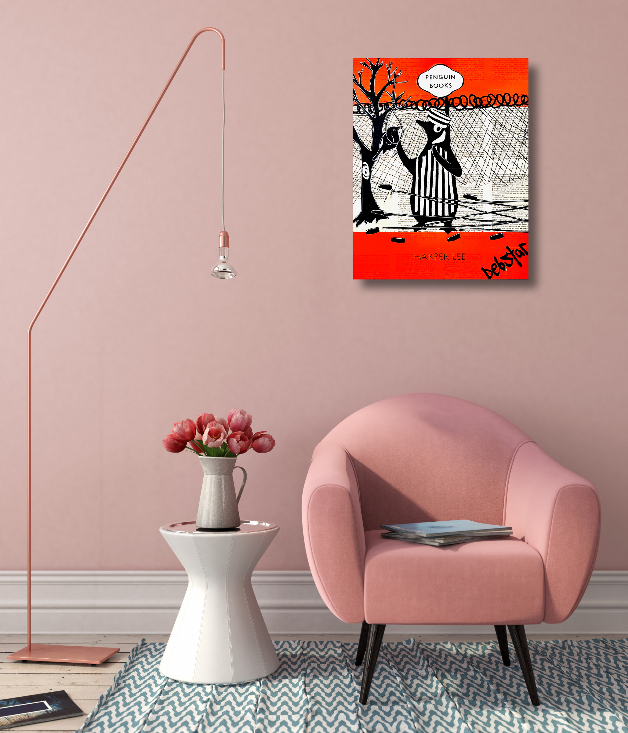 Interior With Pink Chair And Stylish Floor Lamp