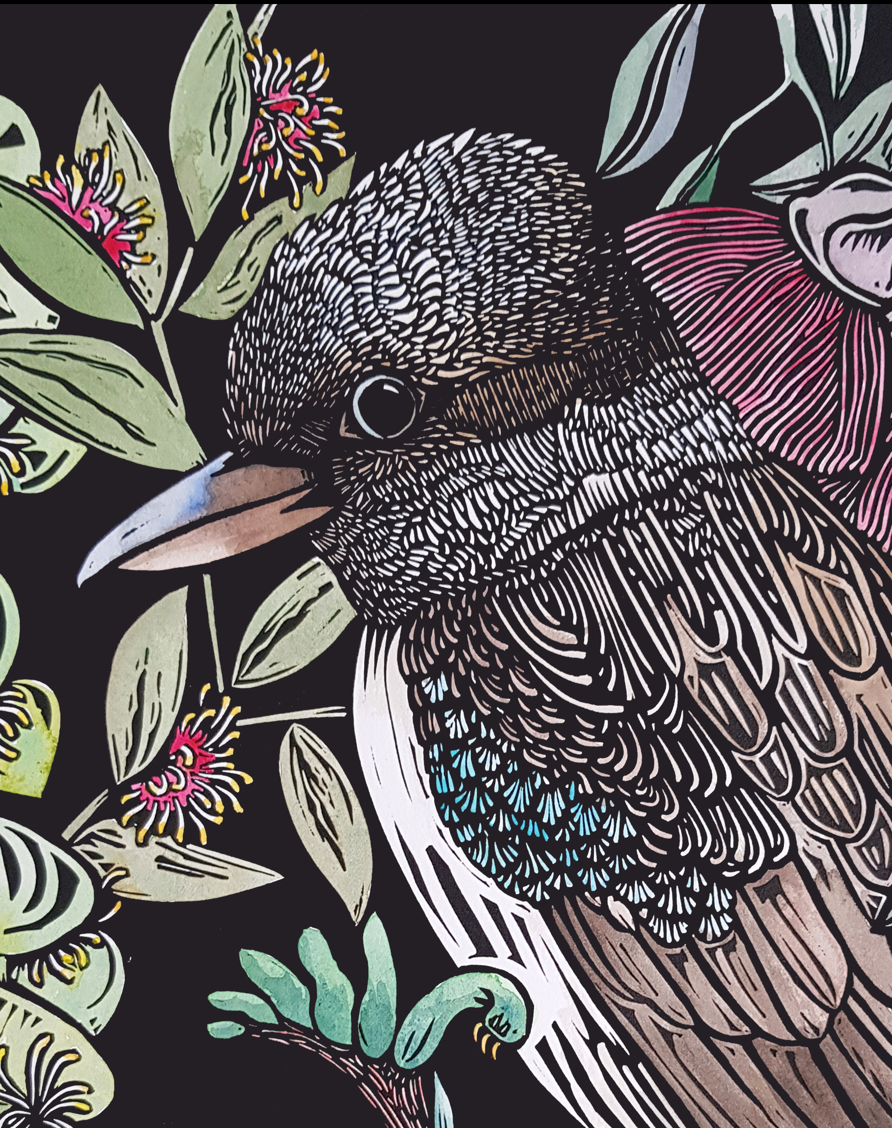 Kookaburra Perch By Nicola Cowie Linocut
