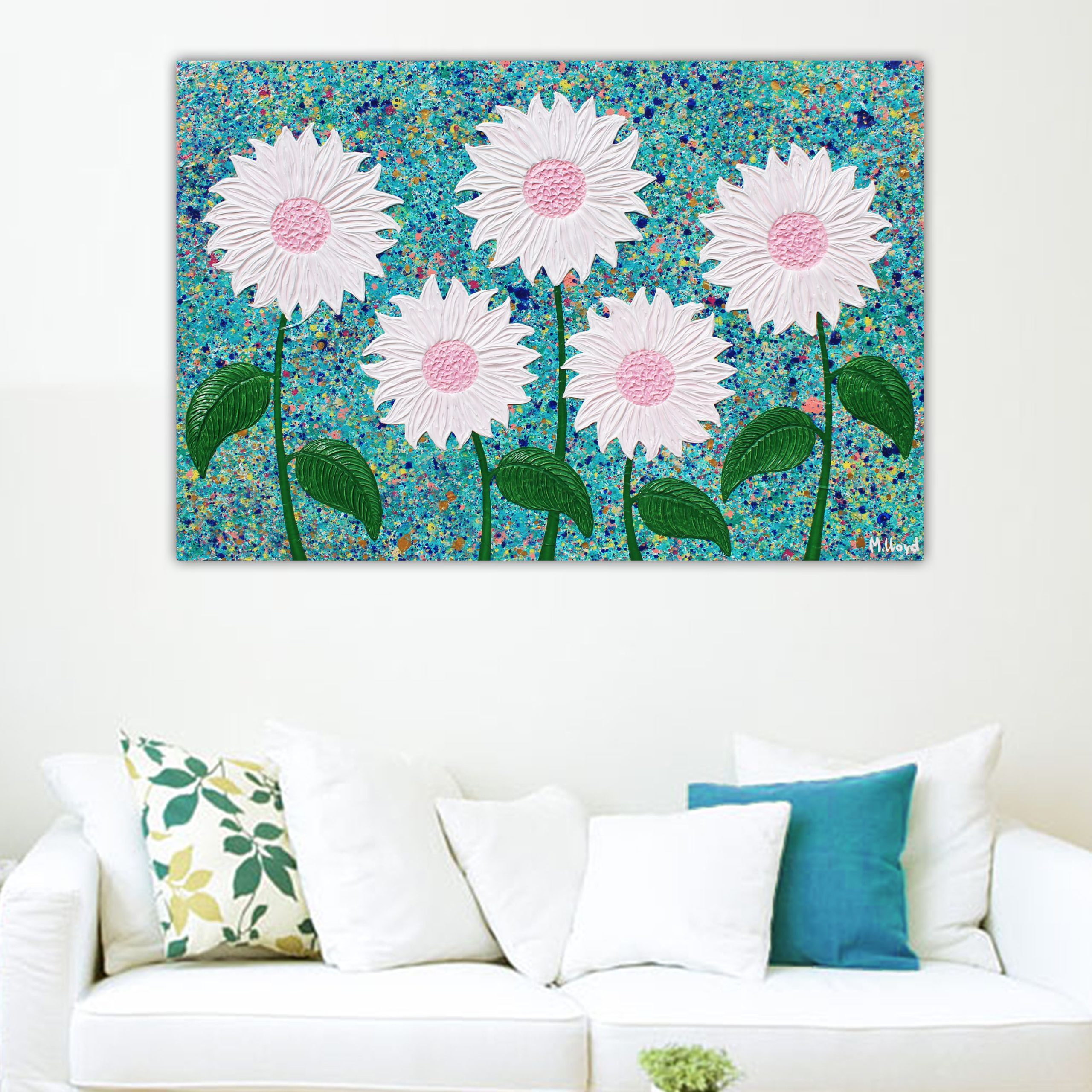 Lounge 1 White Daisy Flowers With Pink Miranda Lloyd Artist Australia Bluethumb Textured Art