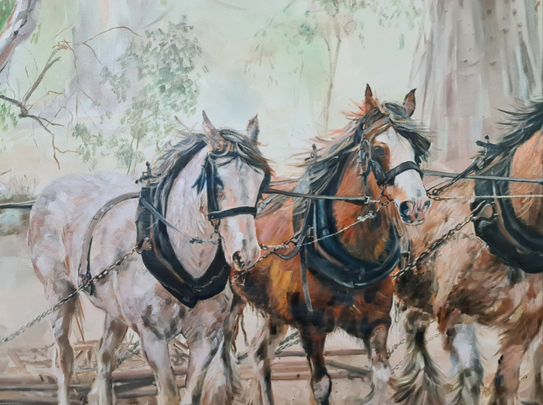 Harrowing Among The Gum Trees Clydesdales Fine Art Jo S. Stacey Paint And Pony Close Up Heads Left