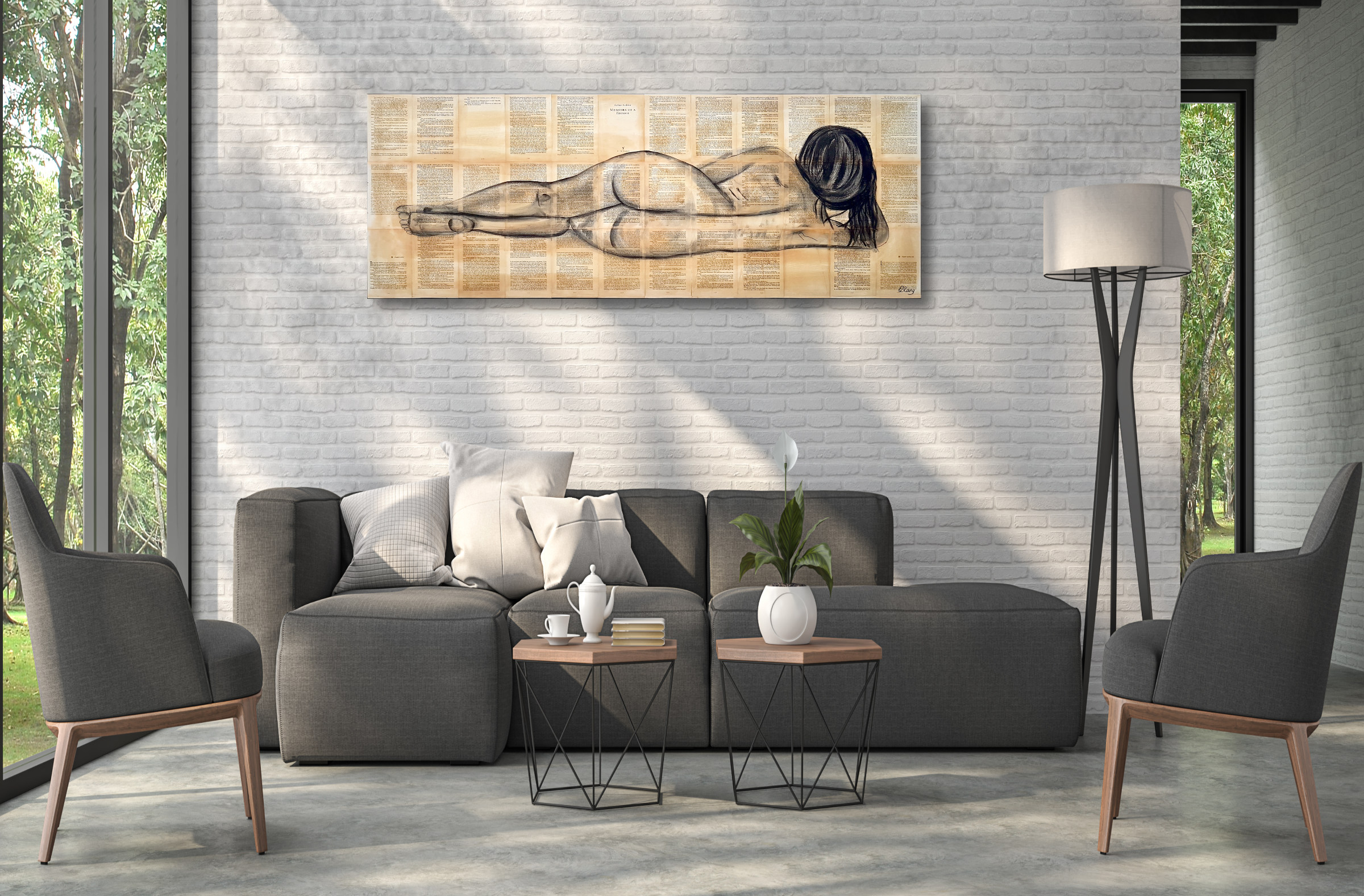 High Ceiling Loft Living Room With Nature View 3d Render