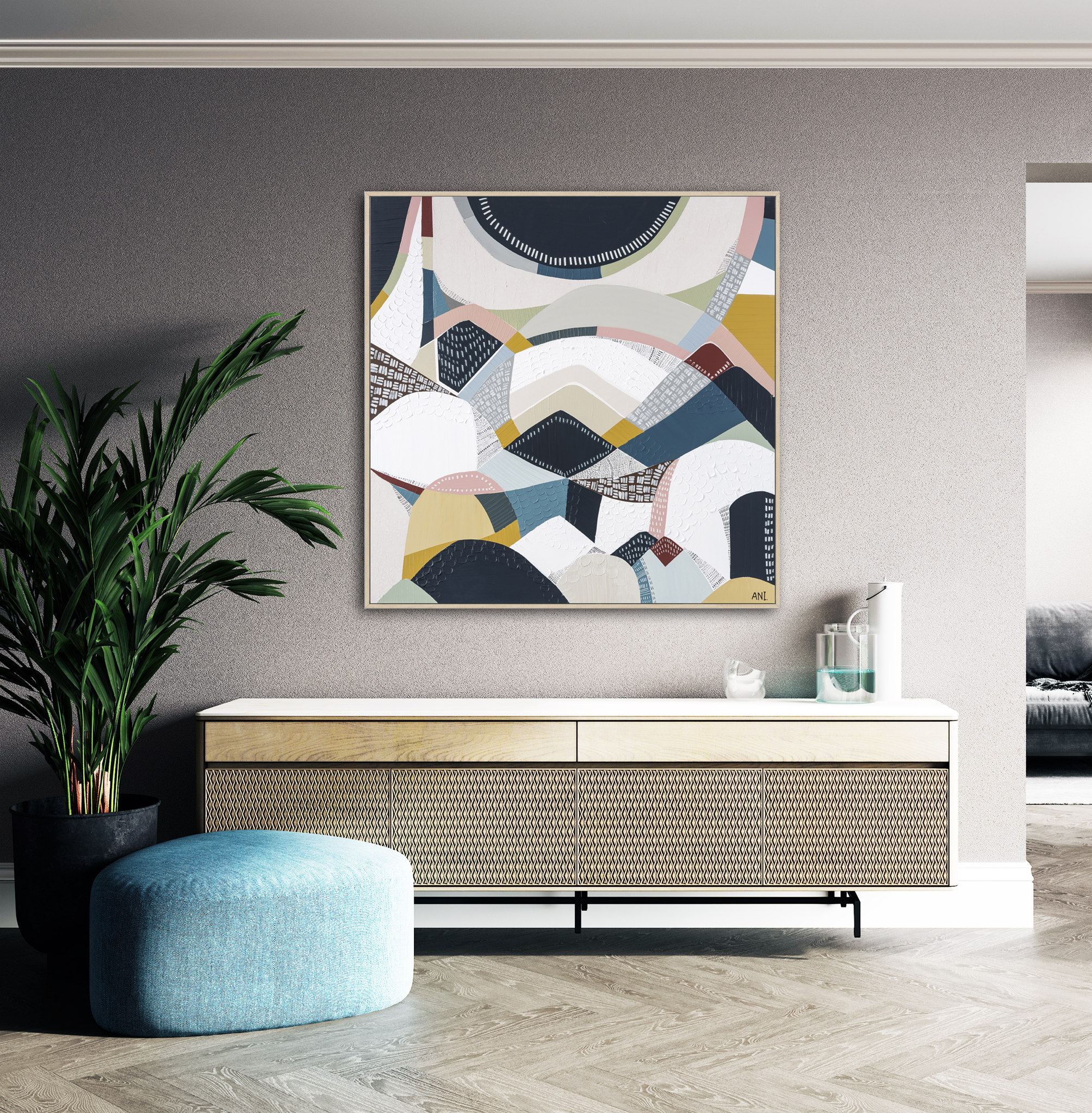 Home Interior With Blue Pouf And Plant, Light Beige Living Room