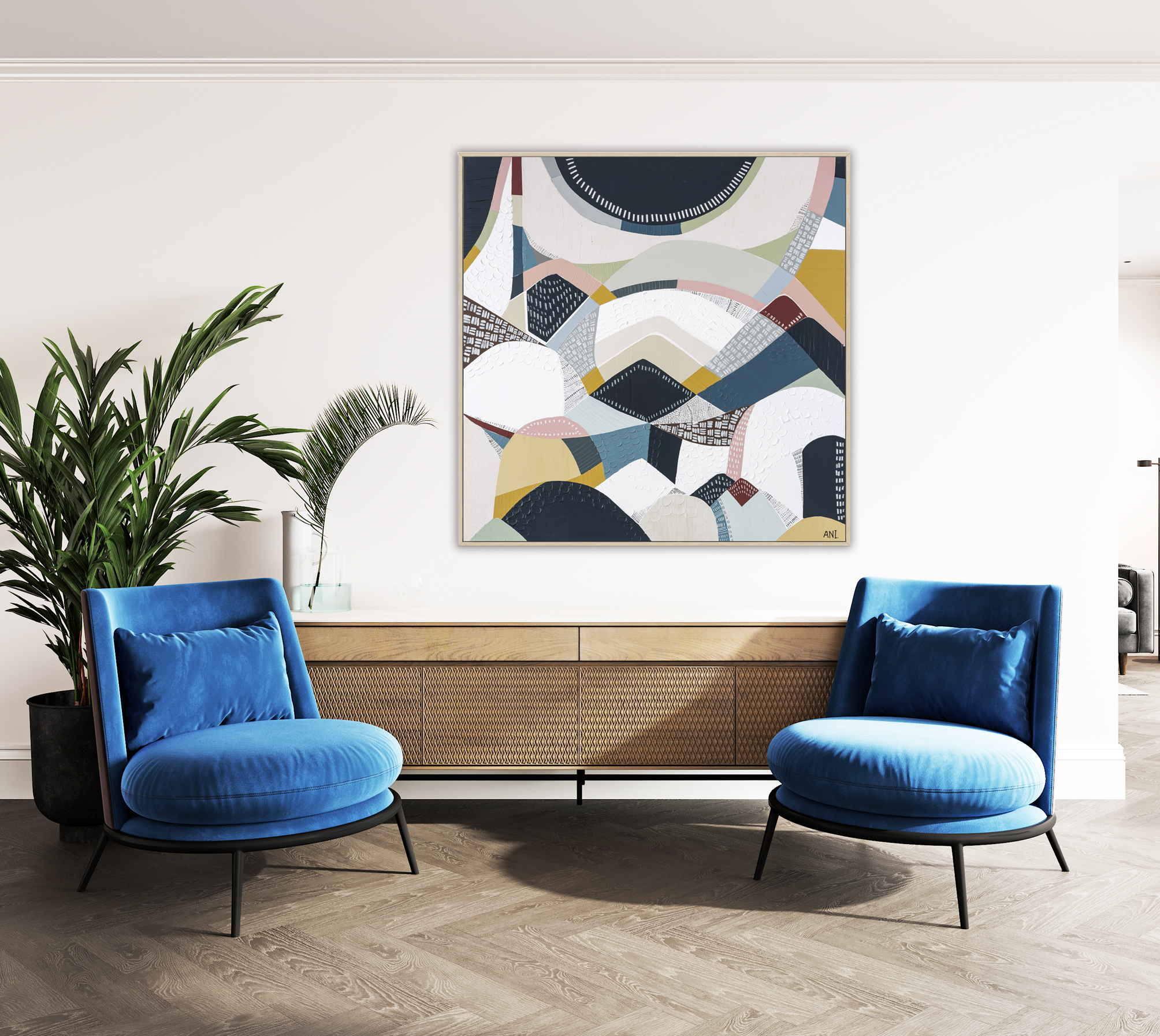 Modern Living Room With Blue Armchair, Table And Plant On Beige