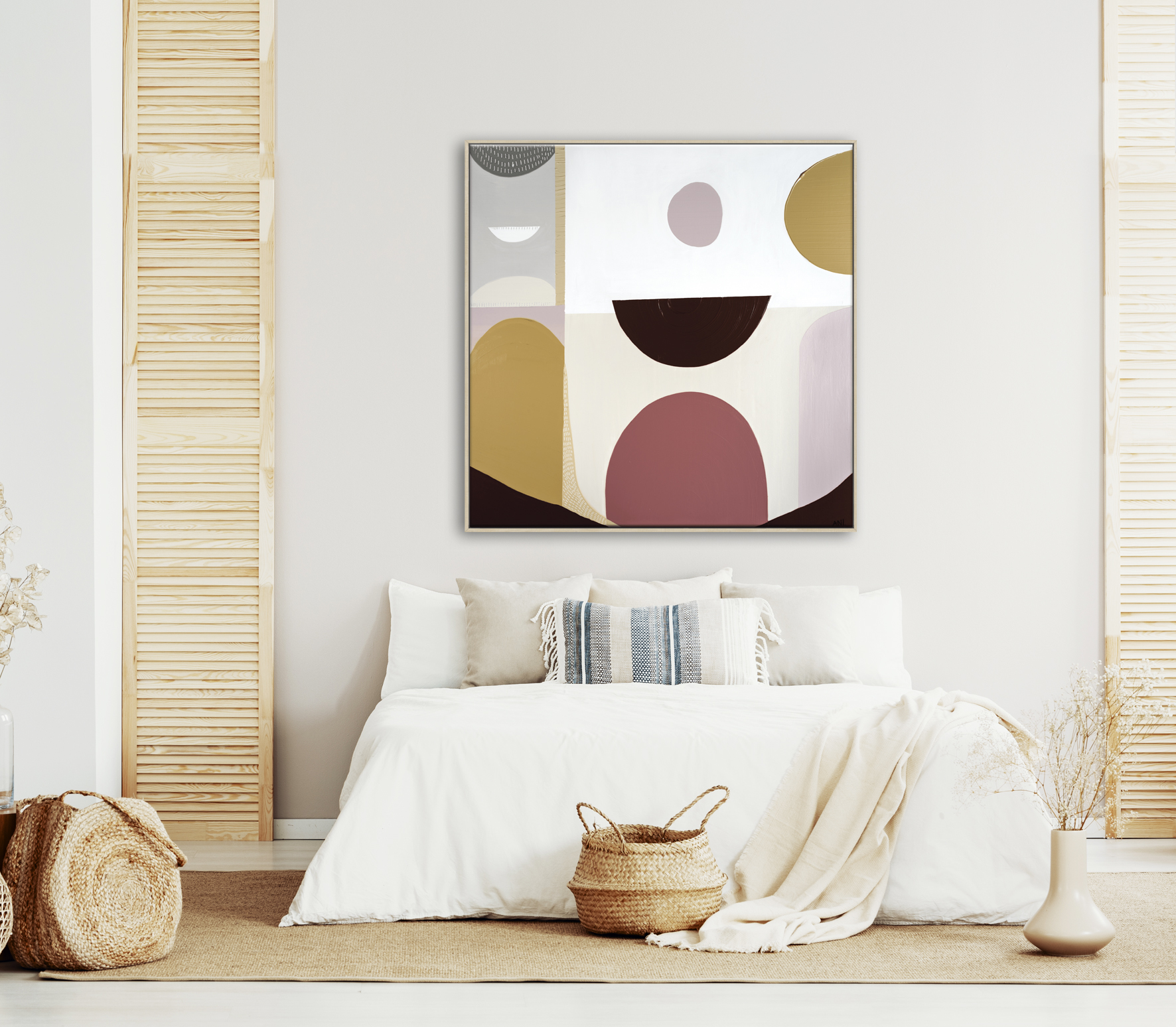 White Bedroom Interior With Natural Wooden Accents And King Size