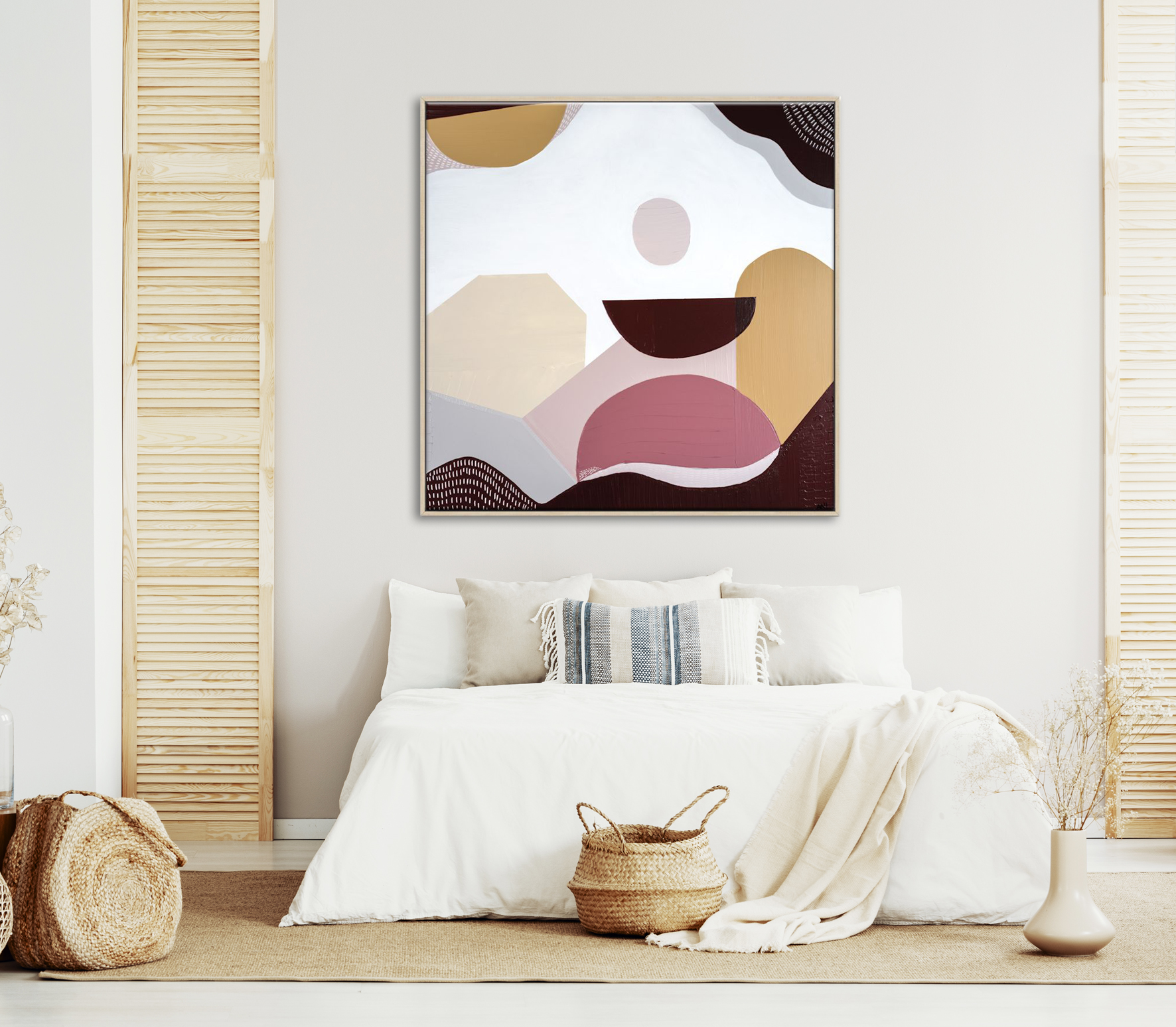 White Bedroom Interior With Natural Wooden Accents And King Size