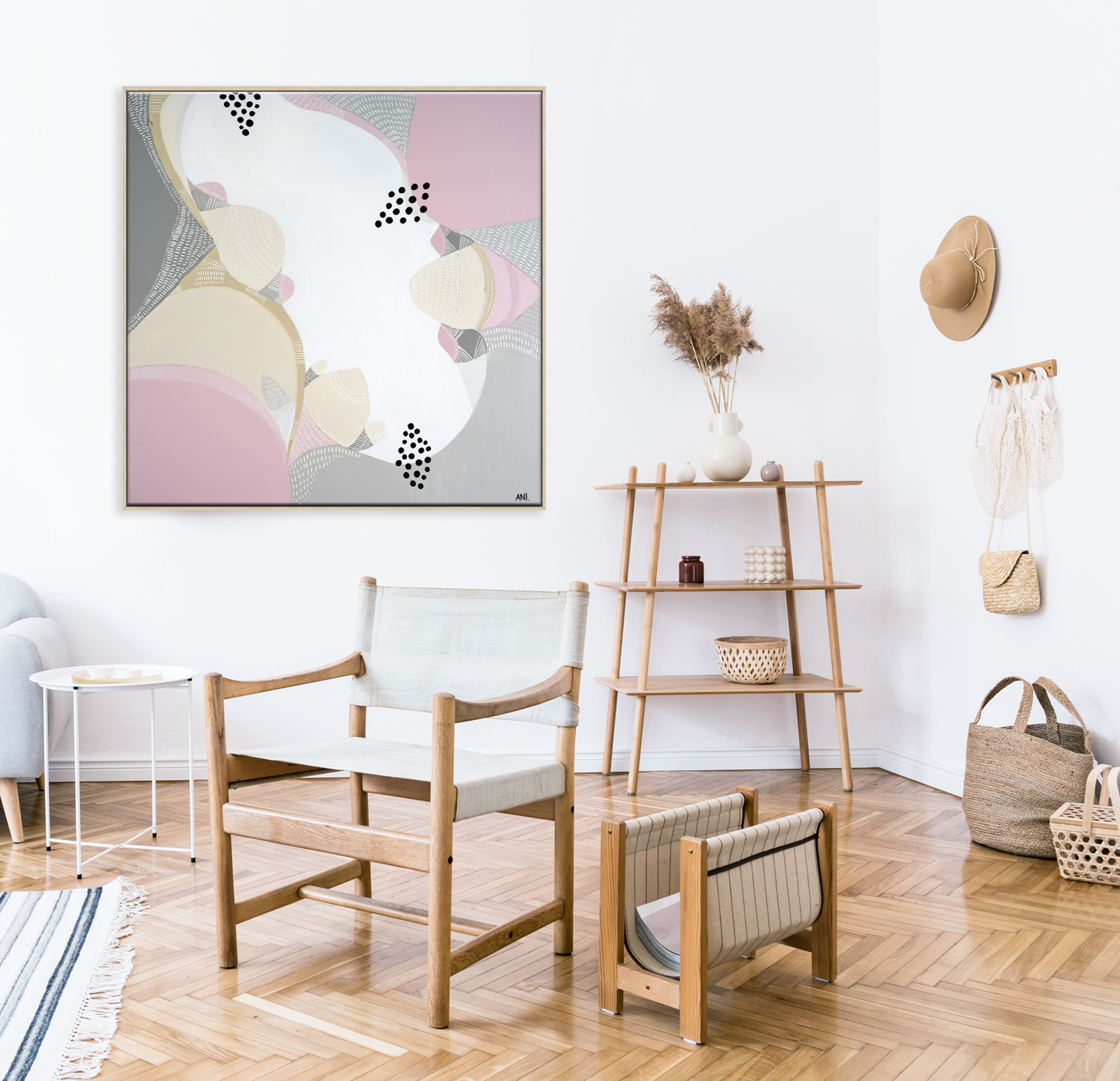 Stylish And Cozy Interior Of Living Room With Elegant Rattan Acc