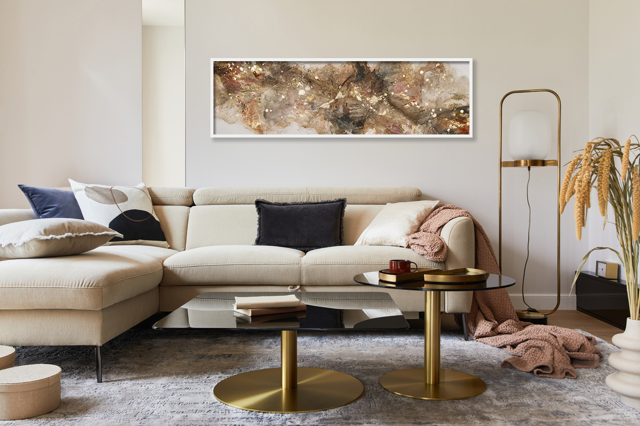 Creative Living Room Interior Composition With Beige Sofa, Glass Coffee Table, Carpet On The Floor And Glamorous Accessories. Template.