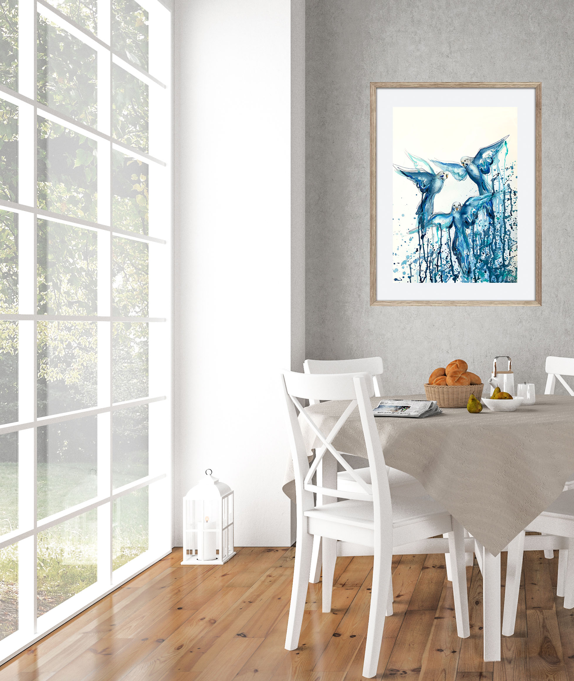 Sydney Artist Leni Kae Kitchen Dining Room Art Budgie Bath In Blue