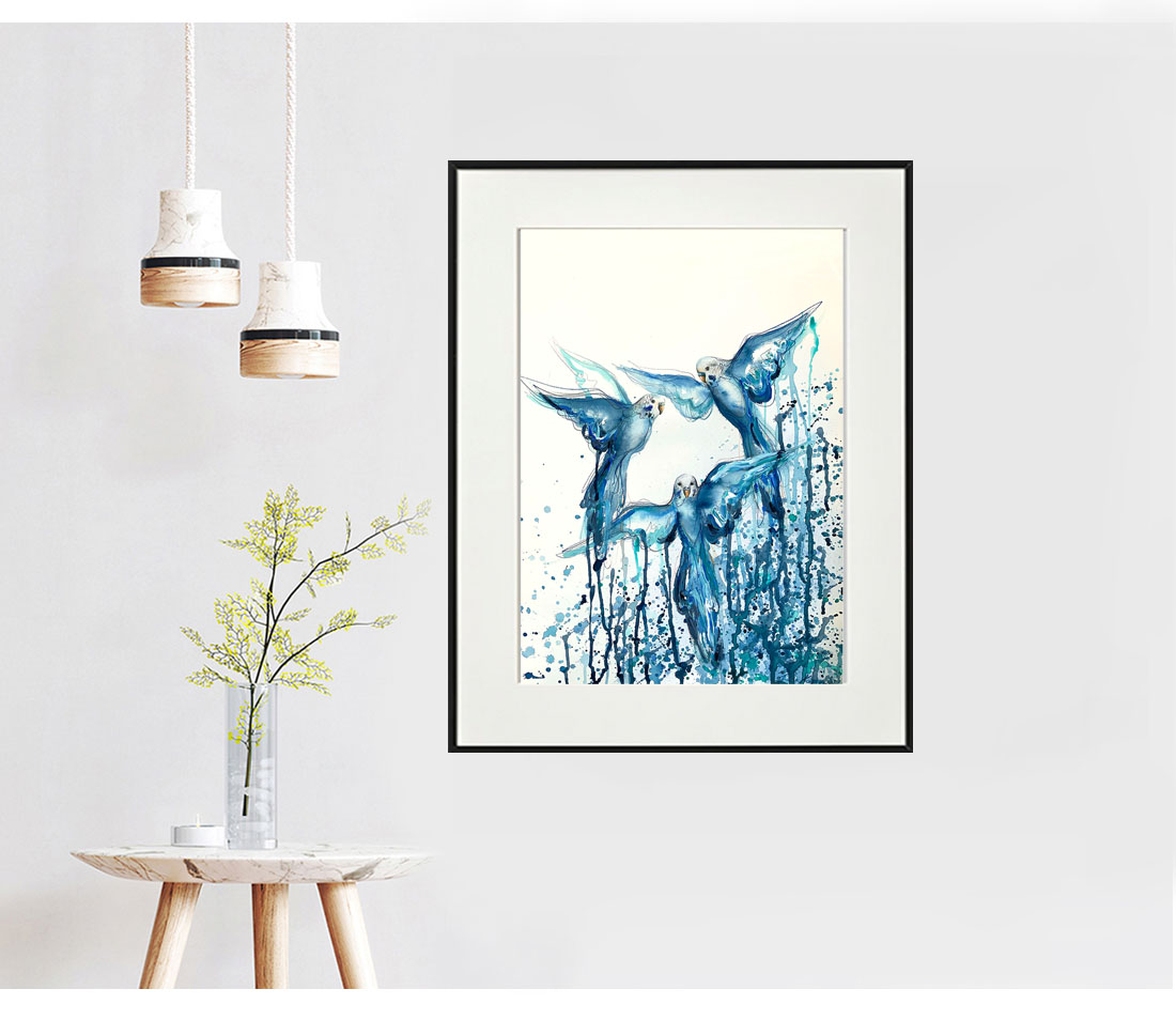 Sydney Artist Leni Kae Budgie Bath In Blue Living Room Interior Design Bird Painting Art Sm