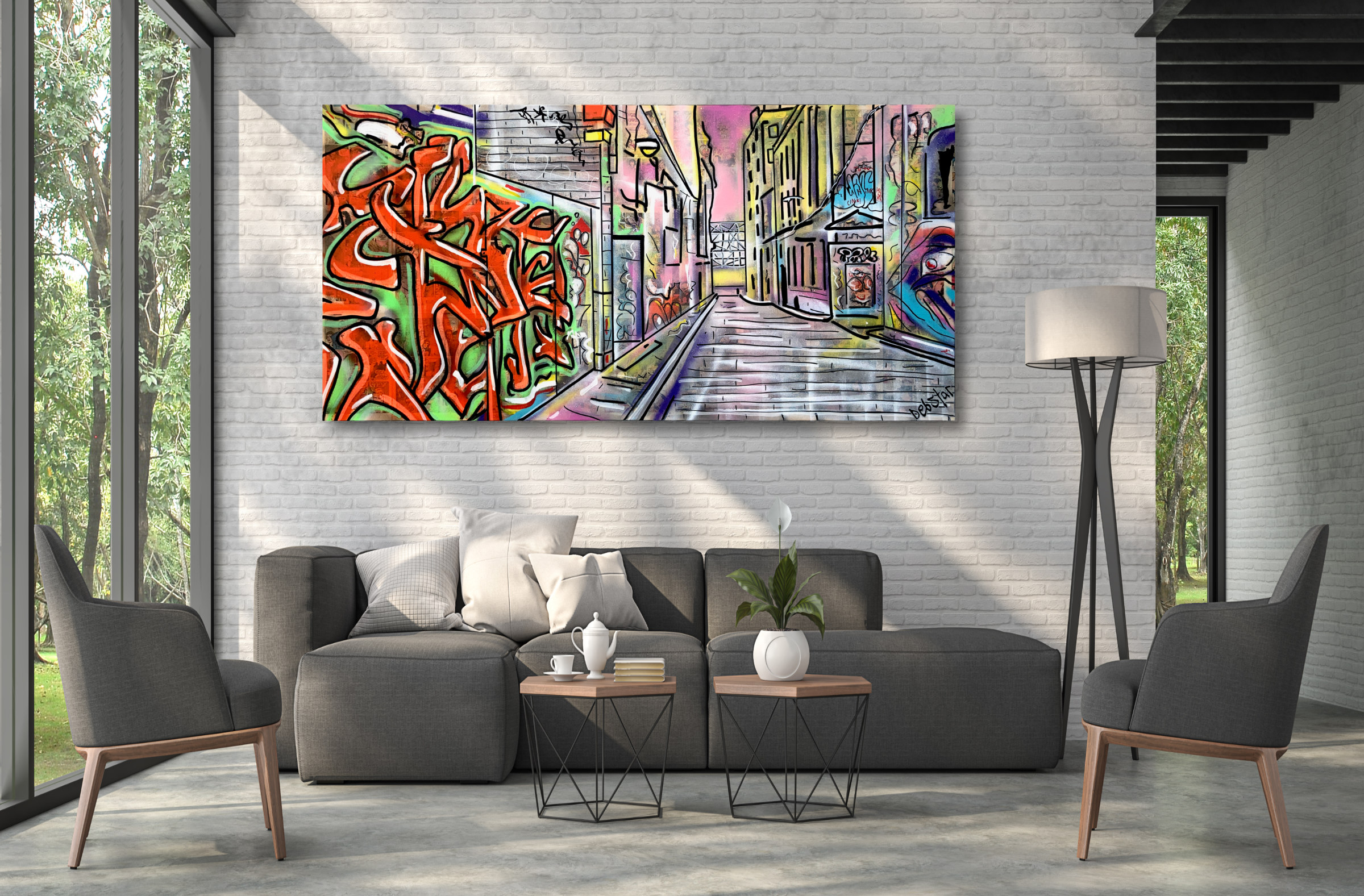 High Ceiling Loft Living Room With Nature View 3d Render