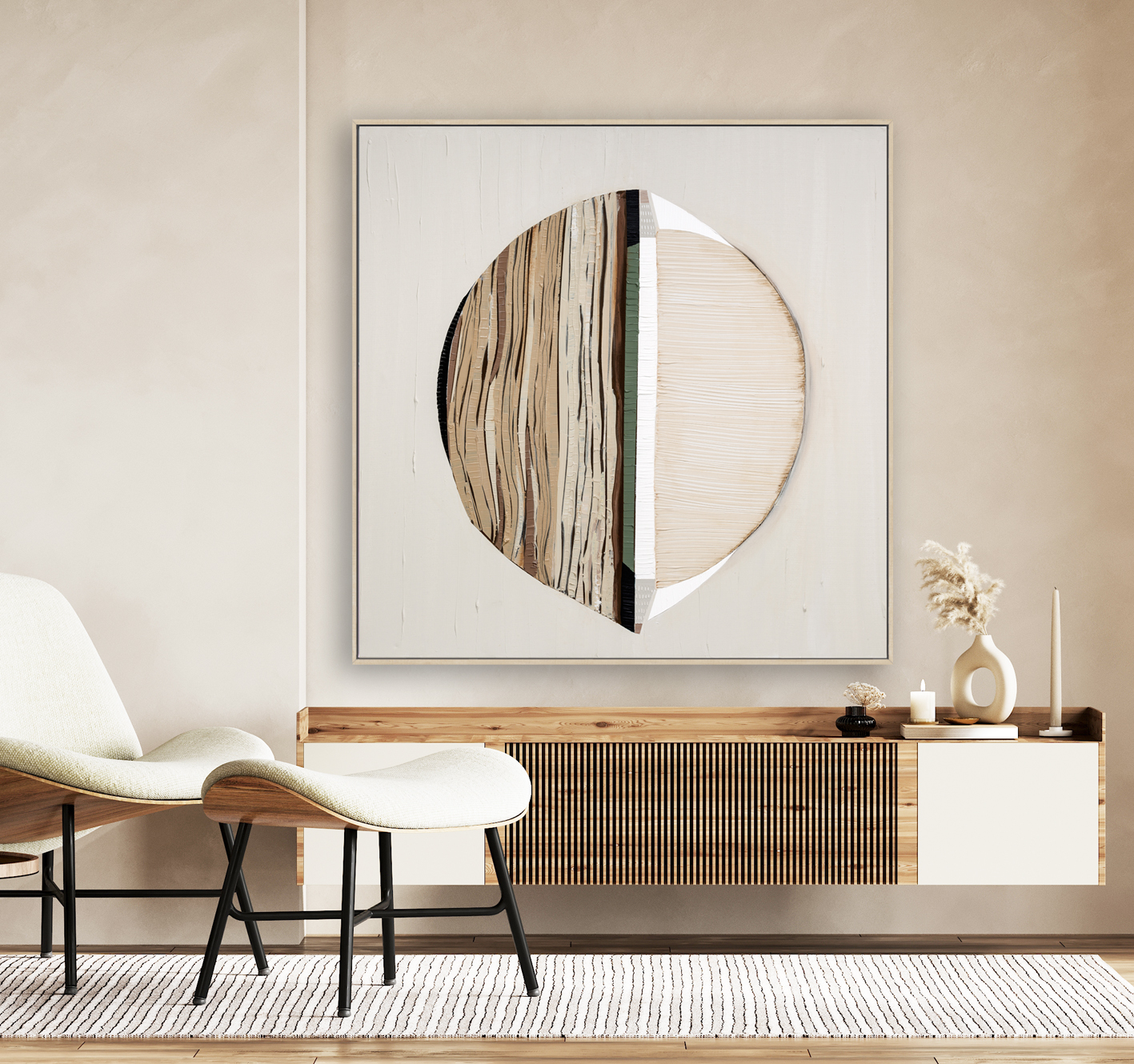 Beige Contemporary Minimalist Interior With Armchair, Blank Wall