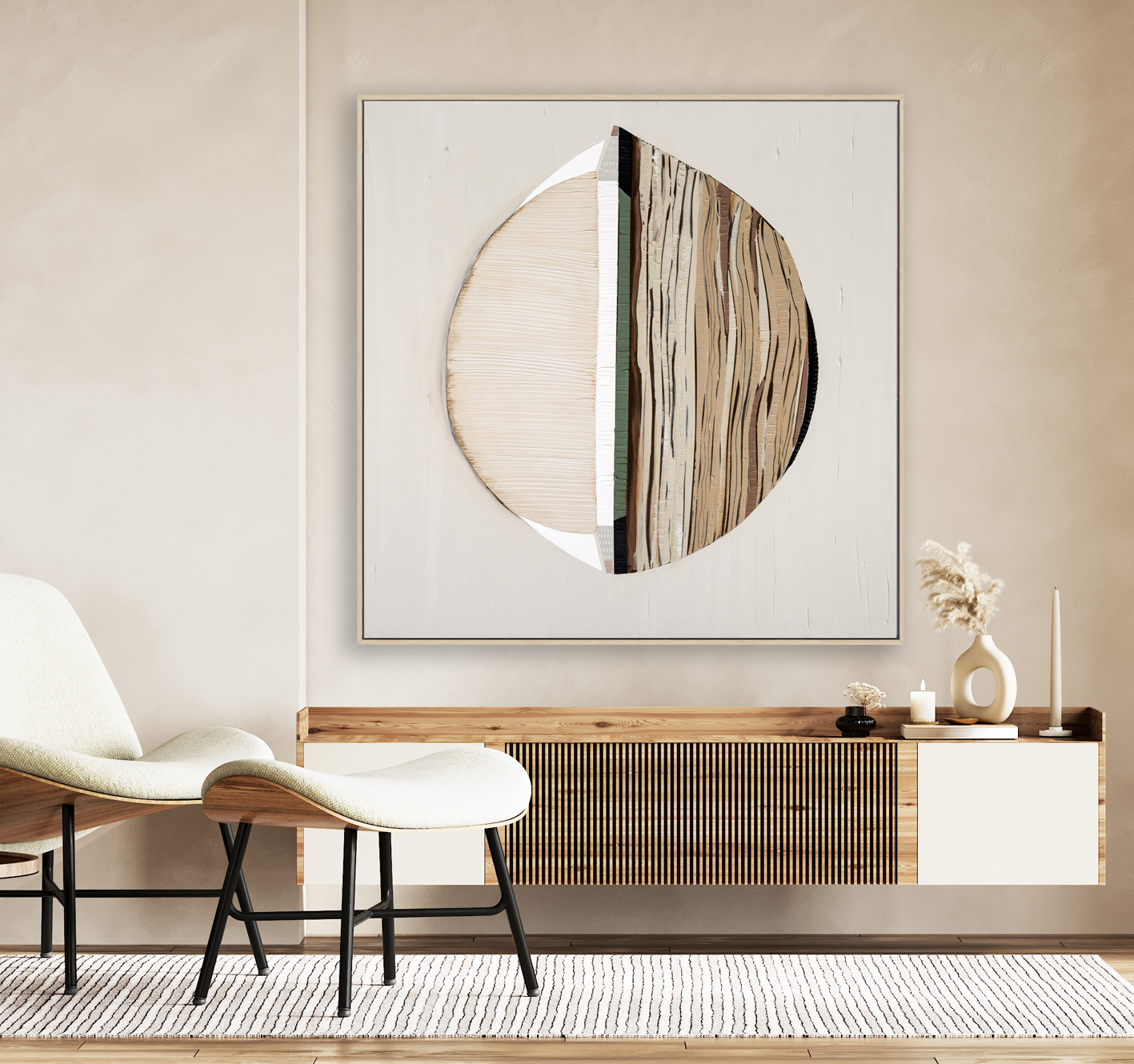 Beige Contemporary Minimalist Interior With Armchair, Blank Wall