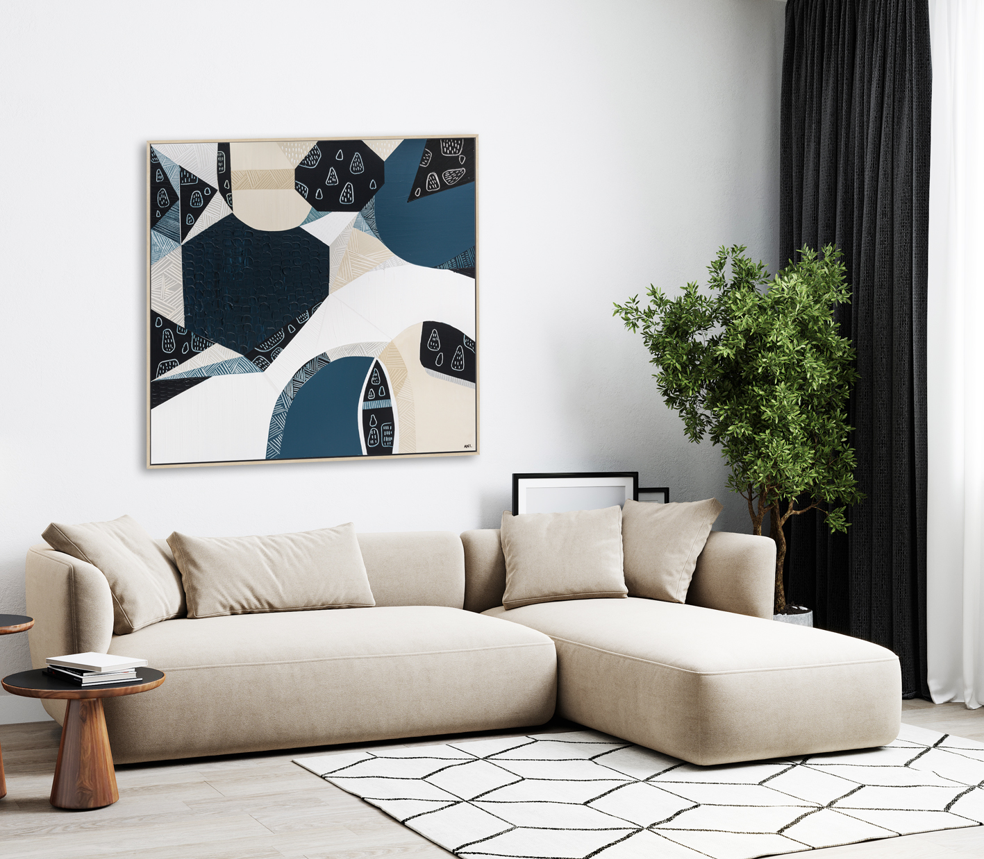 Bright Modern Living Room Mockup, Beige Sofa On White Classic Ba