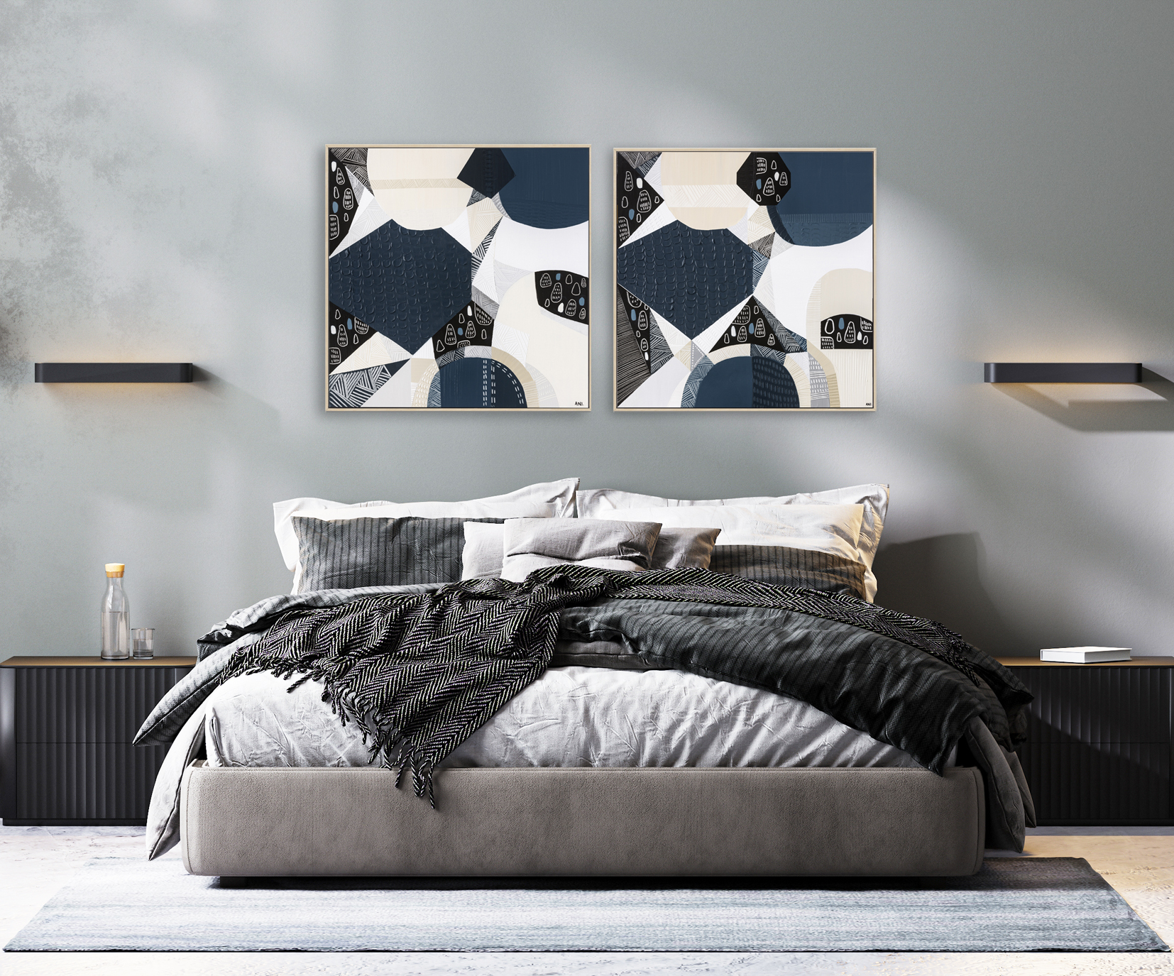 Modern Bedroom Interior In Gray Tones, Bedroom Mock Up, 3d Rendering
