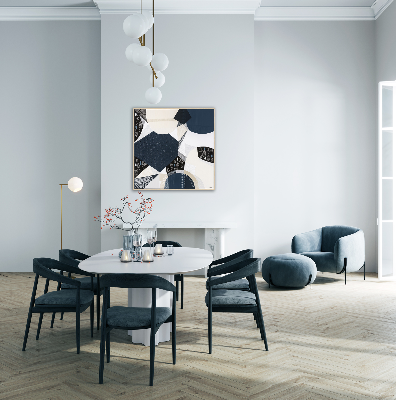 Luxury Interior Mockup With Black Chair, White Table And Wooden