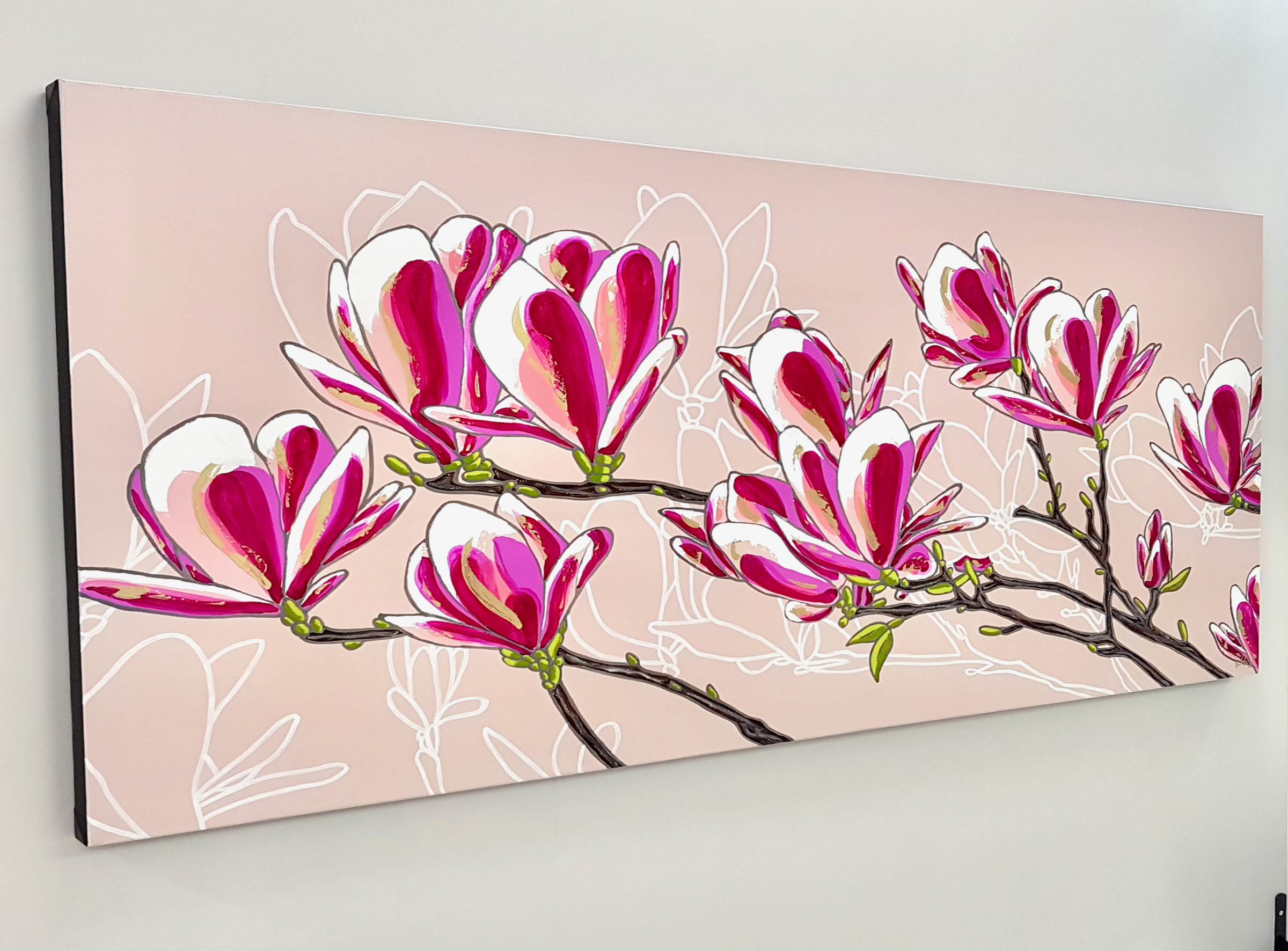 Blush Pink Magnolias Songbird Designz Deborah Lang Blooms Oversize Floral Botanicals Oak Framed Canvas Textured Wall Art Contemporary Hamptons Style 3