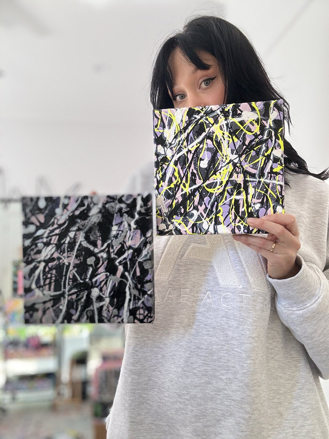 Bridget Bradley Holds Grey Iii Original Abstract In Right Hand