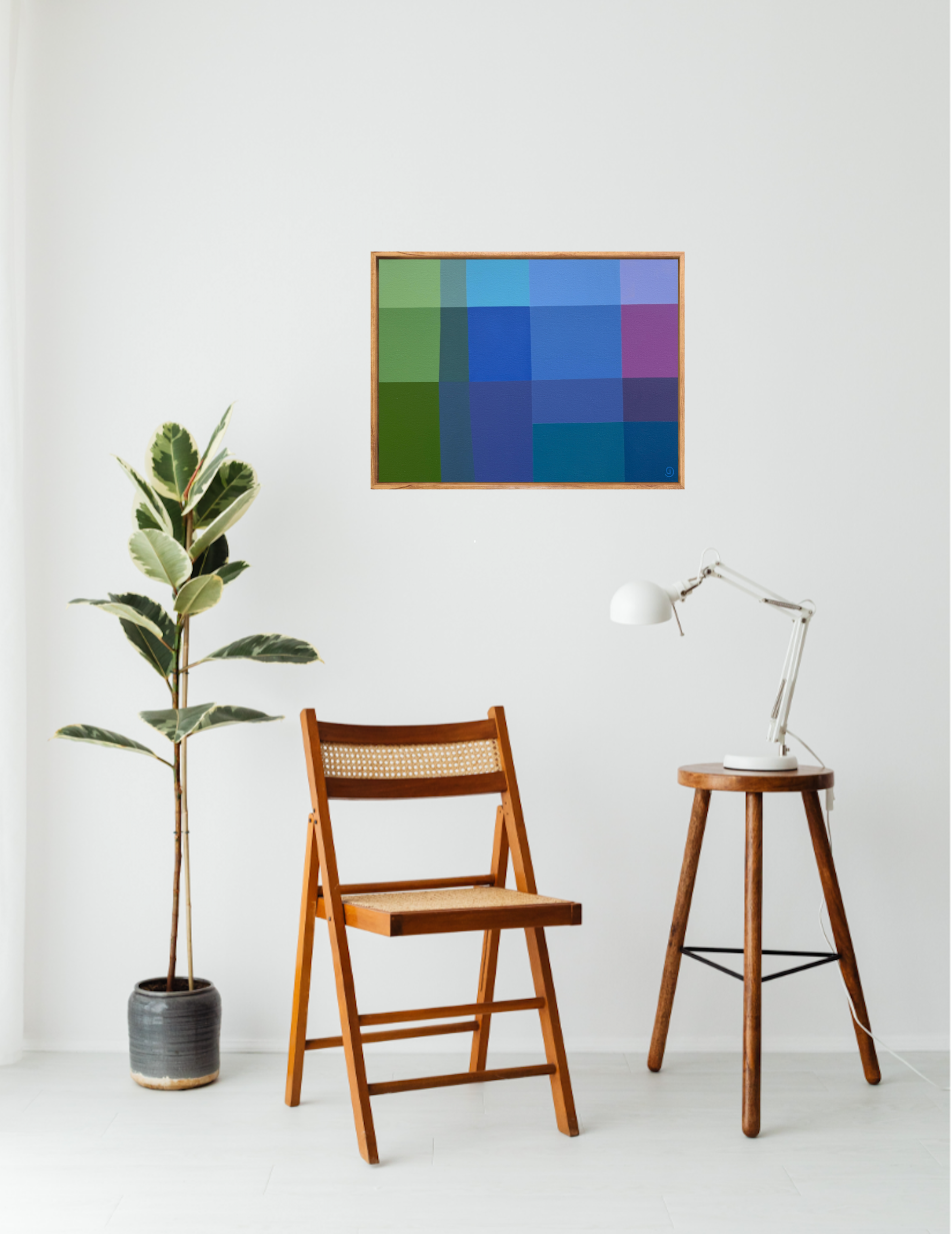 Charlotte De Pace Seaside I Abstract Landscape Insitu Above Chair Art Lovers Australia