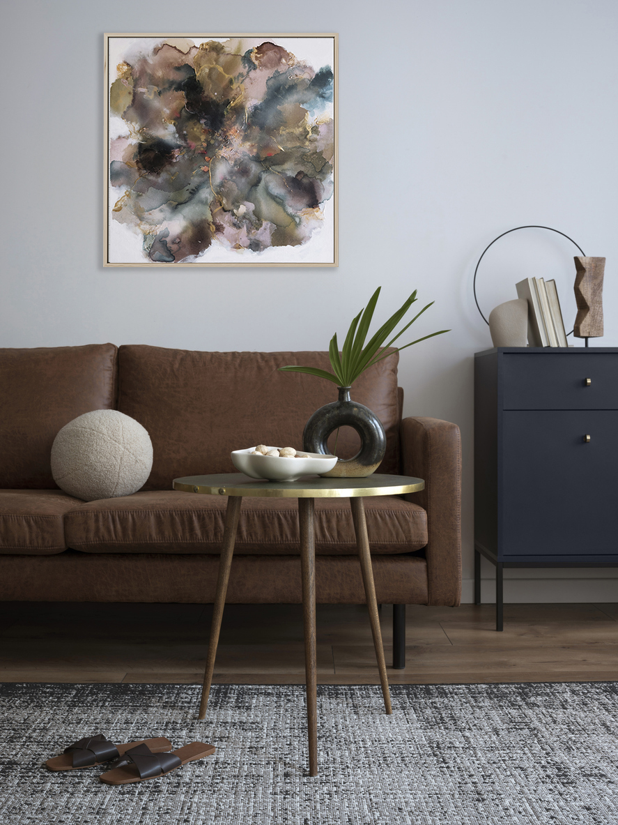 Interior Design Of Harmonized Living Room With Brown Sofa, Blue Commode, Coffee Table, Mock Up Poster Frame, Decoration, Carpet And Personal Accessories. Stylish Home Decor. Template.