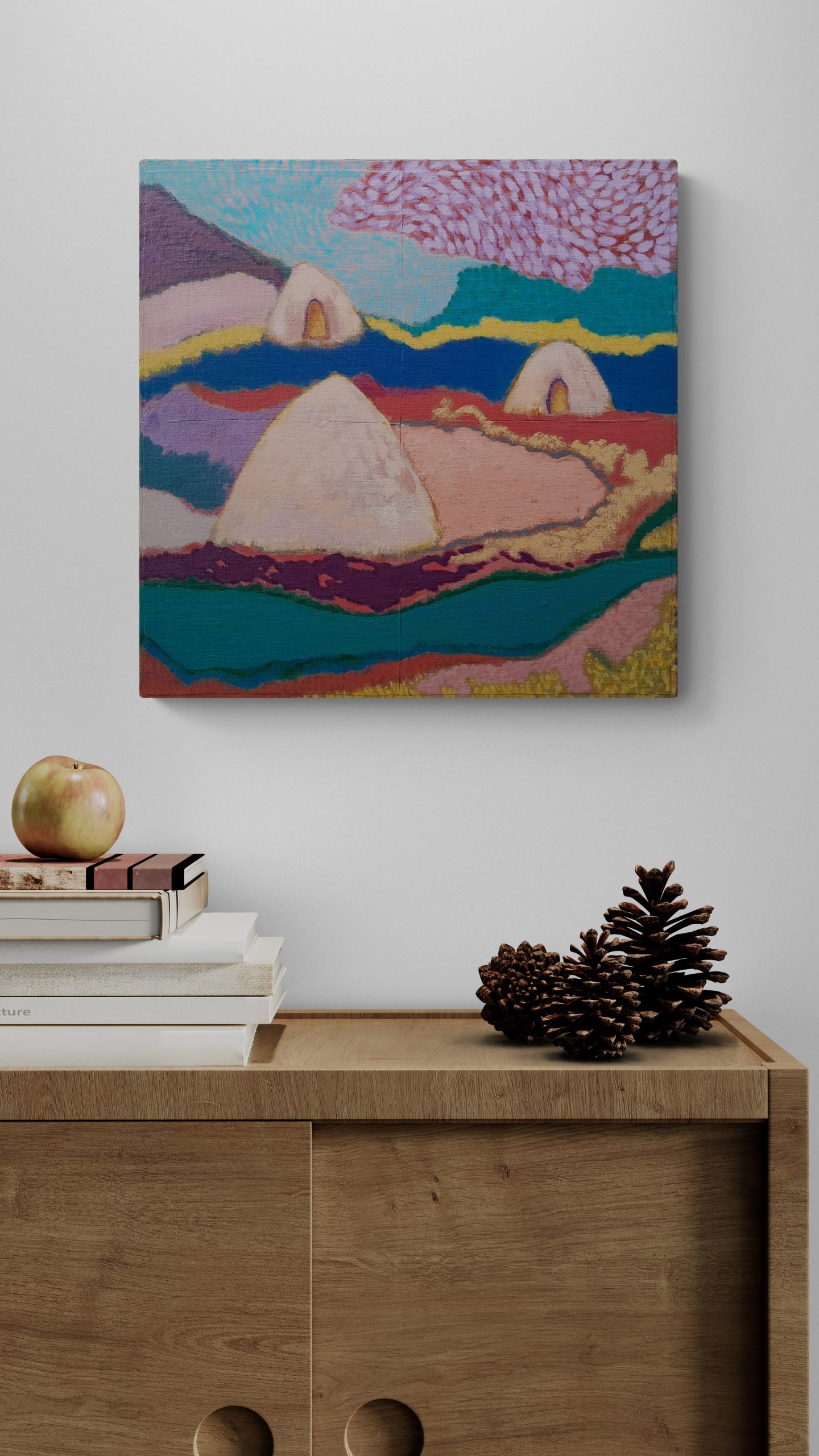 Wooden Cabinet With Books And Pinecones