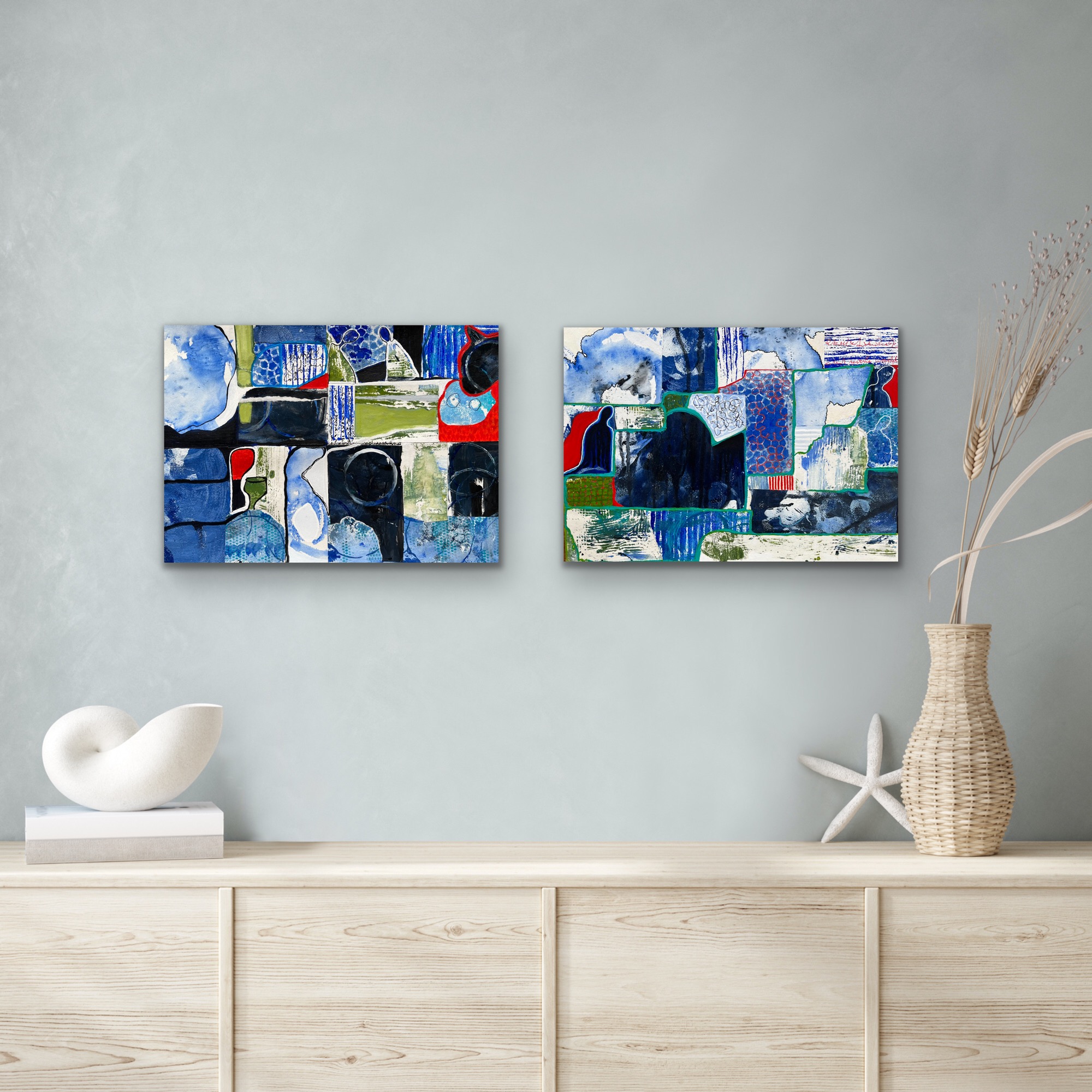 Magic Moments 1 & 2 Diptych Insitu Pale Blue Wall