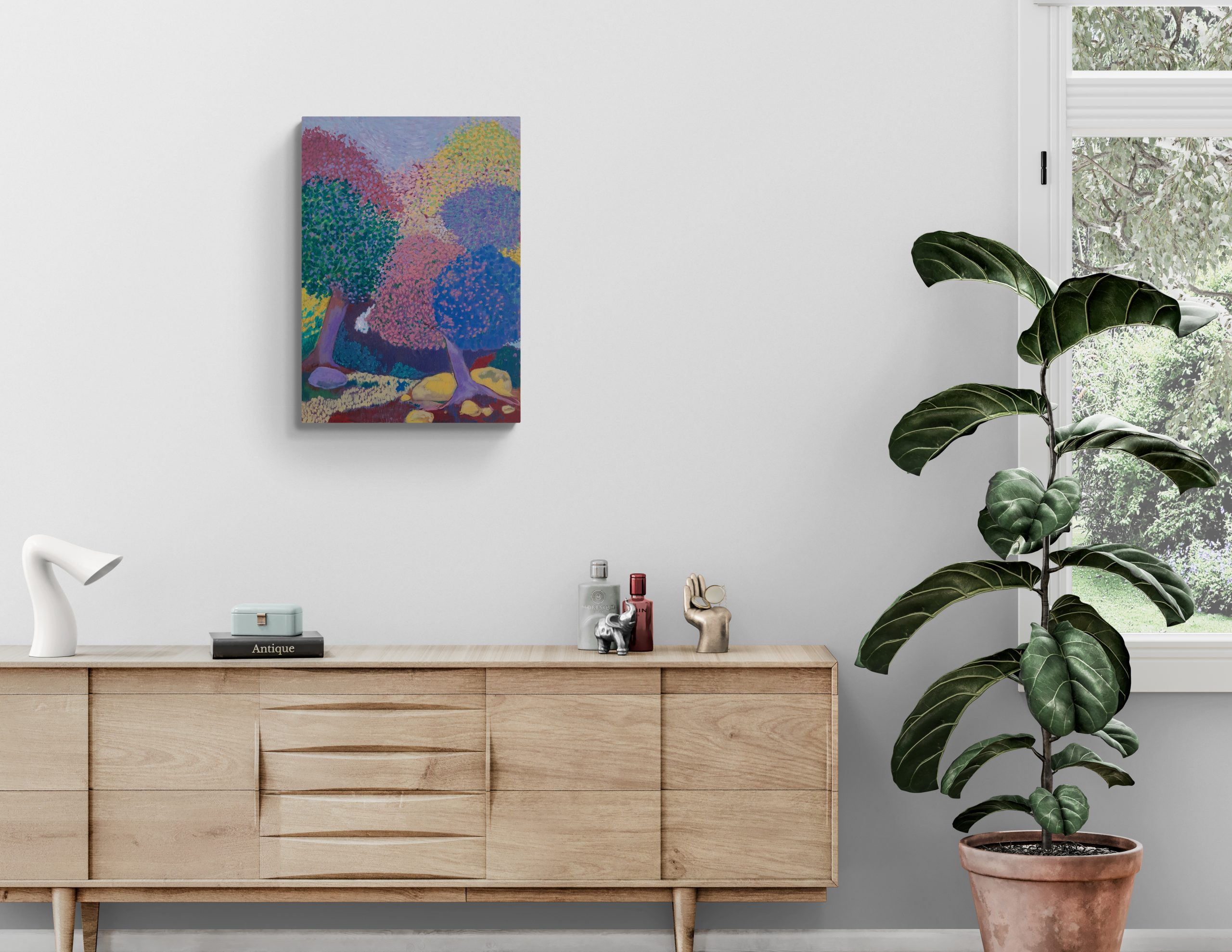 Living Room With Long Cabinet And Plant