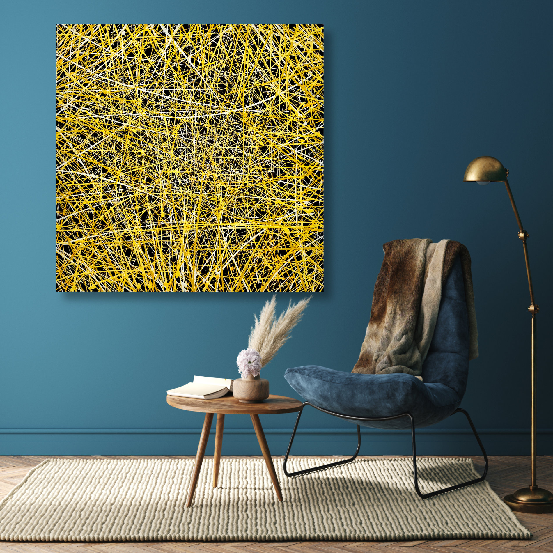 Home Interior Mock Up With Dark Green Armchair, Table And Decor In Living Room