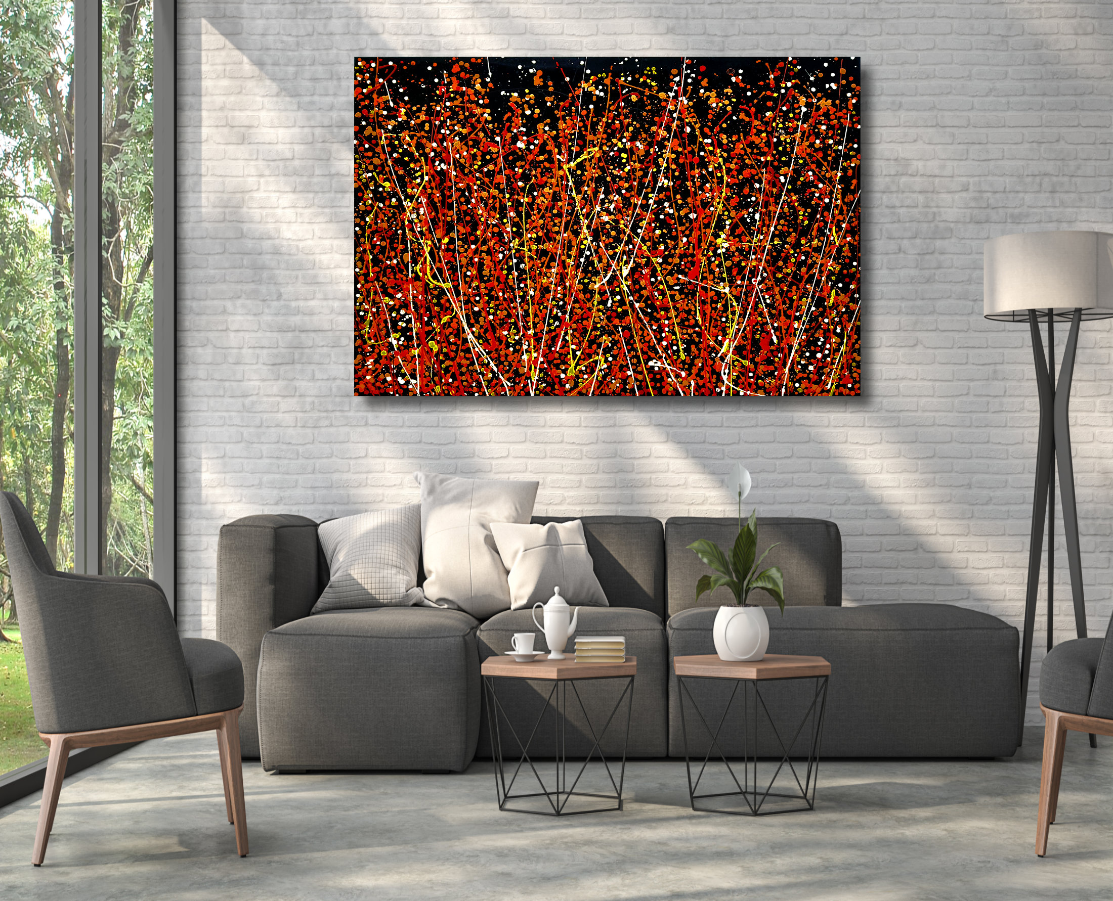 High Ceiling Loft Living Room With Nature View 3d Render