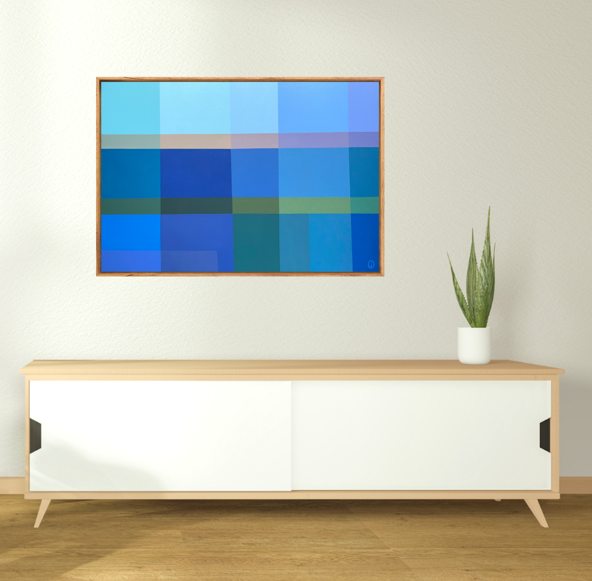 Charlotte De Pace Ocean Promenade Abstract Painting Insitu Above White Sideboard Art Lovers Australia