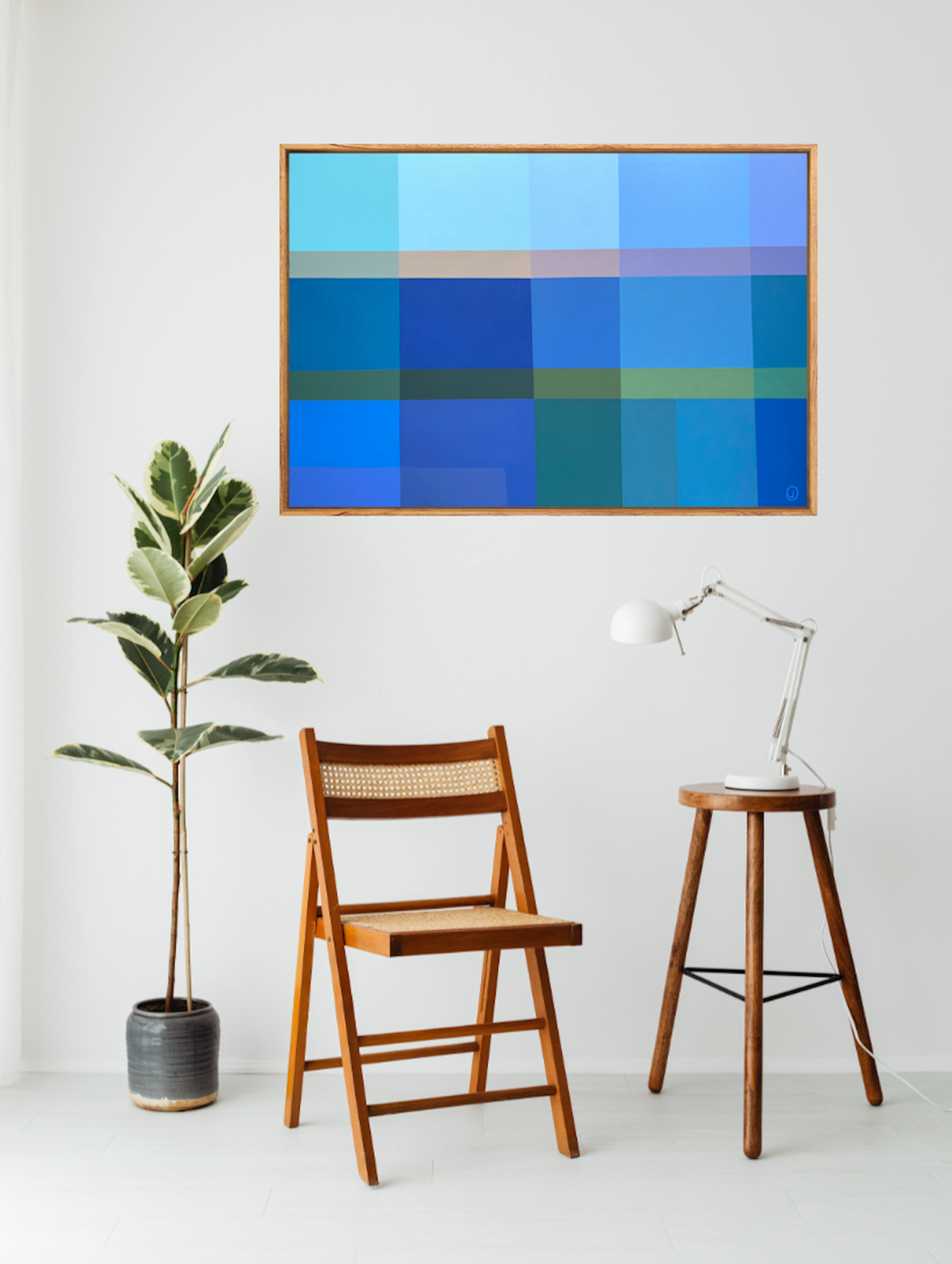 Charlotte De Pace Ocean Promenade Abstract Painting Insitu Above Chair Art Lovers Australia