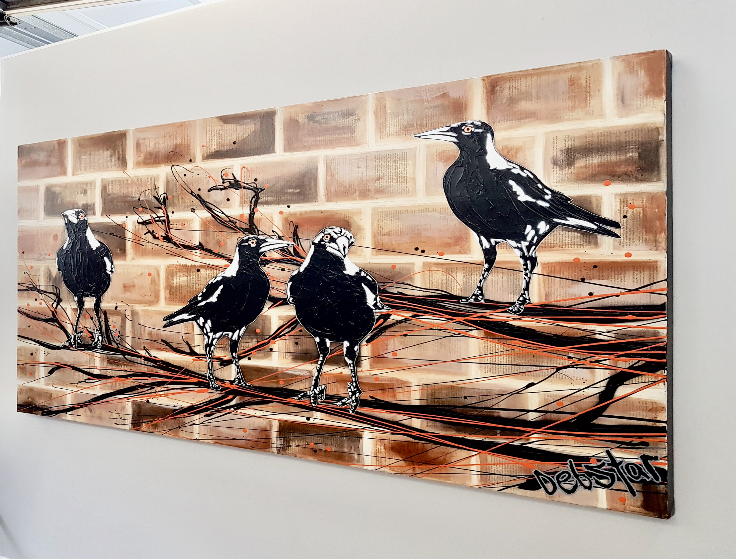 Magpie Mischief Brick Wall Book Pages Pop Popart Deborah Lang Art Urban Canvas 3