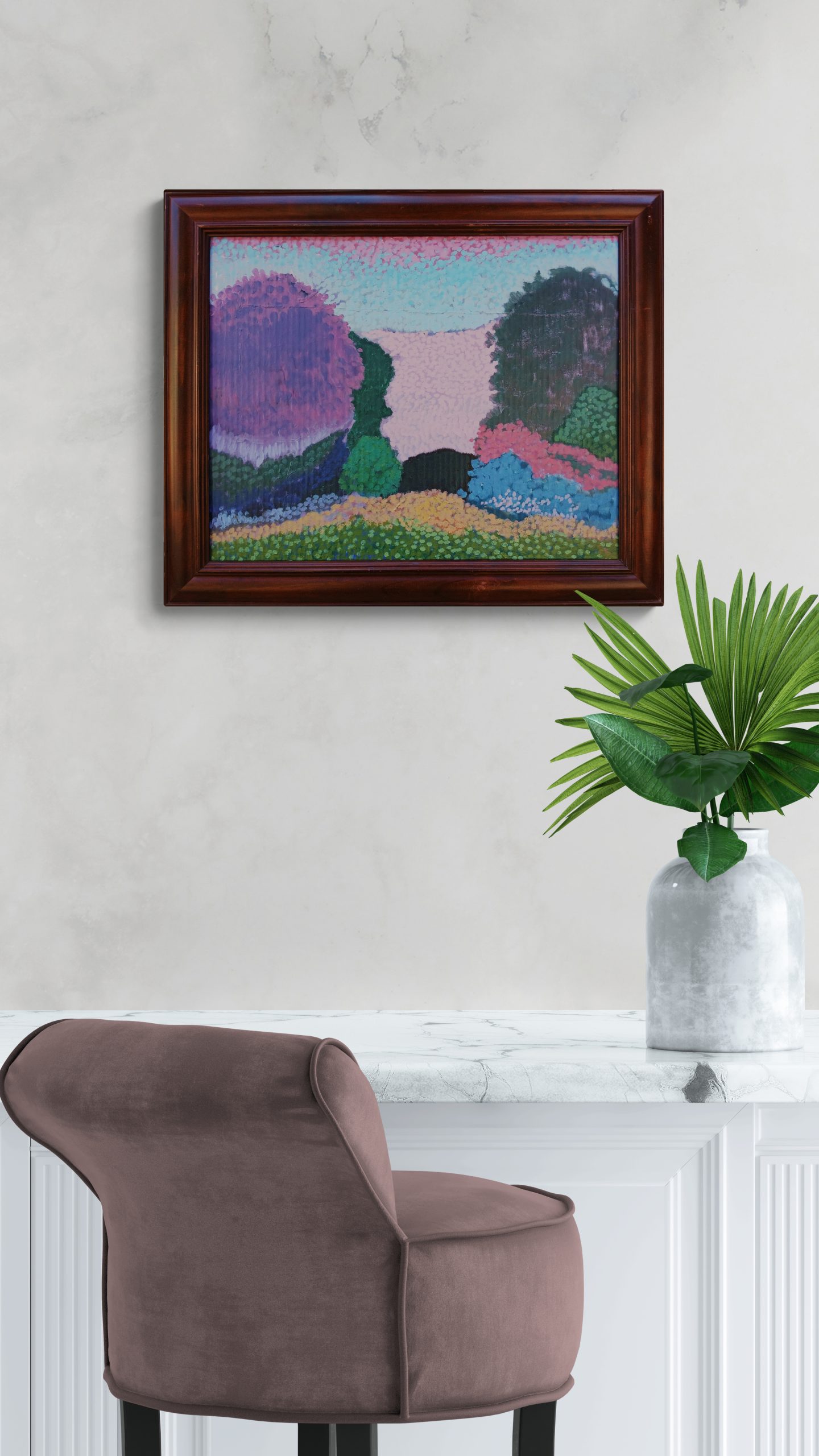 Marble Topped Desk With Tropical Plant