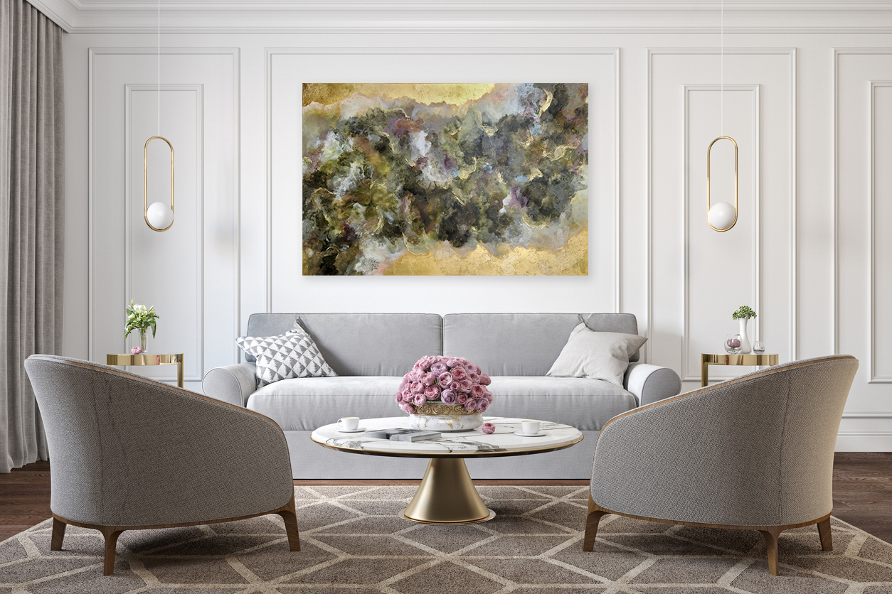 Classic White Interior With Gray Armchairs, Sofa, Marble Coffee Table, Lamps, Carpet, Flowers And Wall Moldings. 3d Render Illustration Mockup.