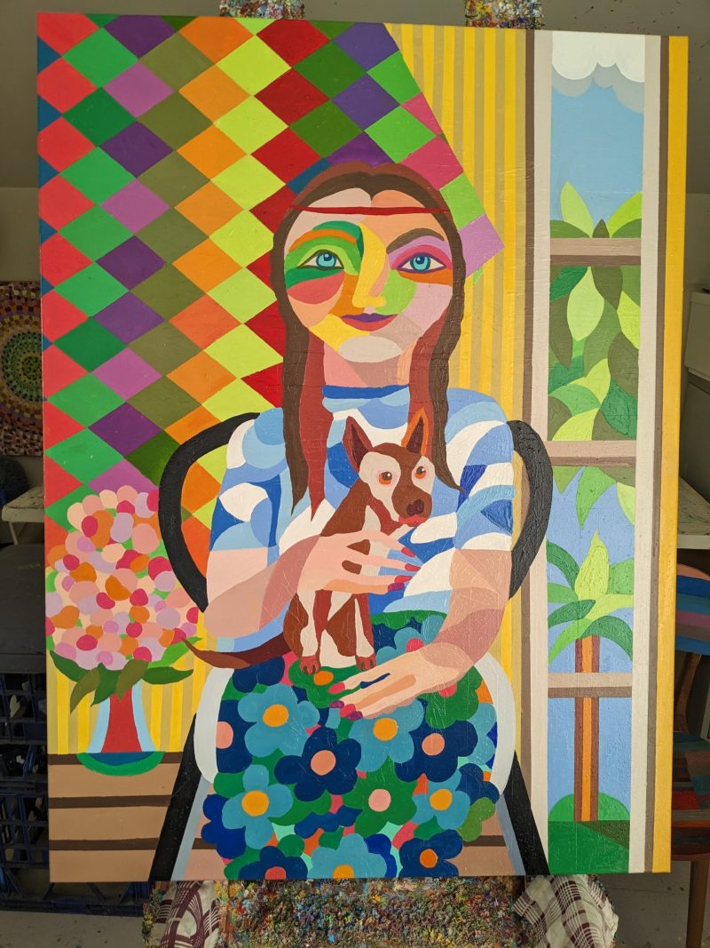 Cubist Girl Levitating with Dog - Art Lovers Australia
