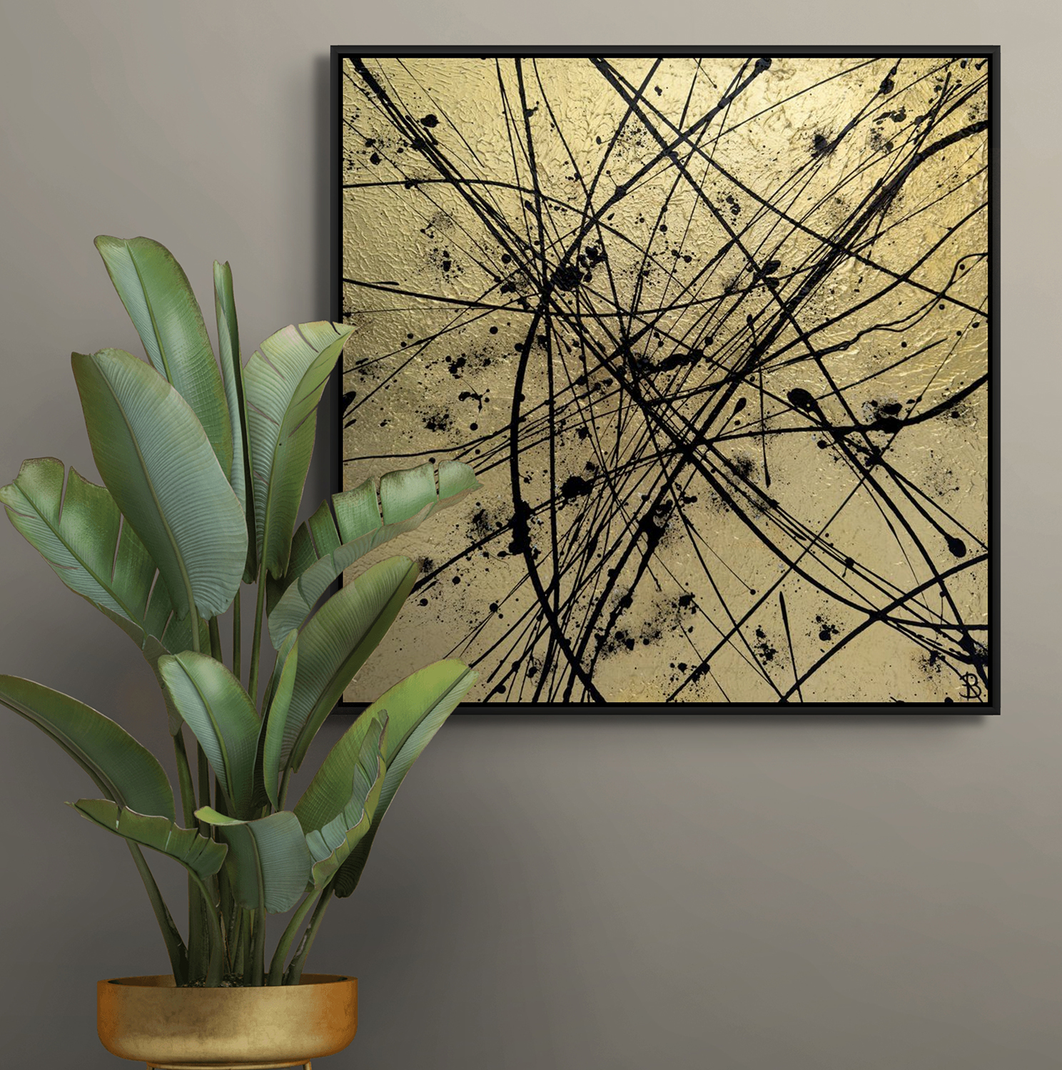 Gold Gold Leaf Abstract Textured Art In Situ Near Pot Plant