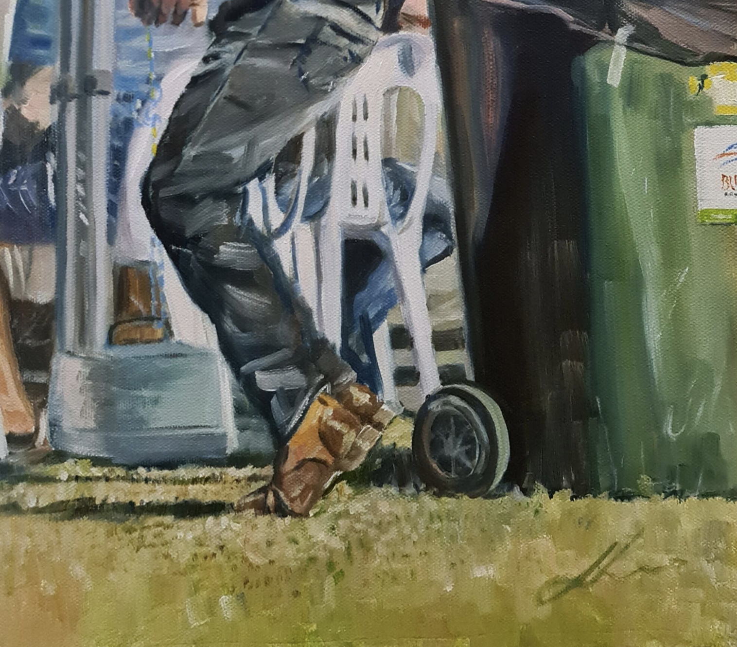 Man Dancing By Rubbish Bin Jo S. Stacey Fine Art Oils Close Up 1